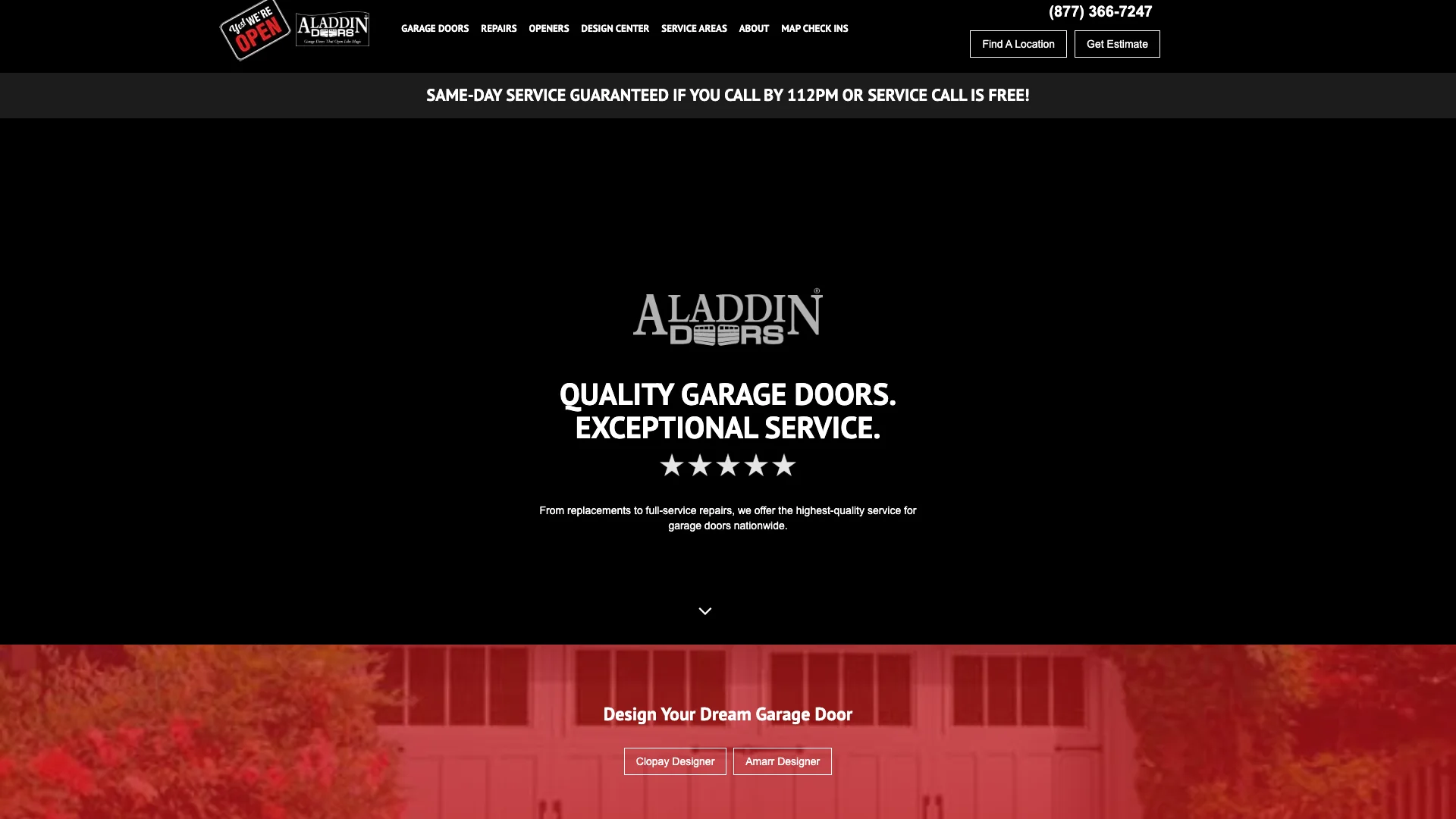 Aladdin Doors homepage hero showing garage door service branding