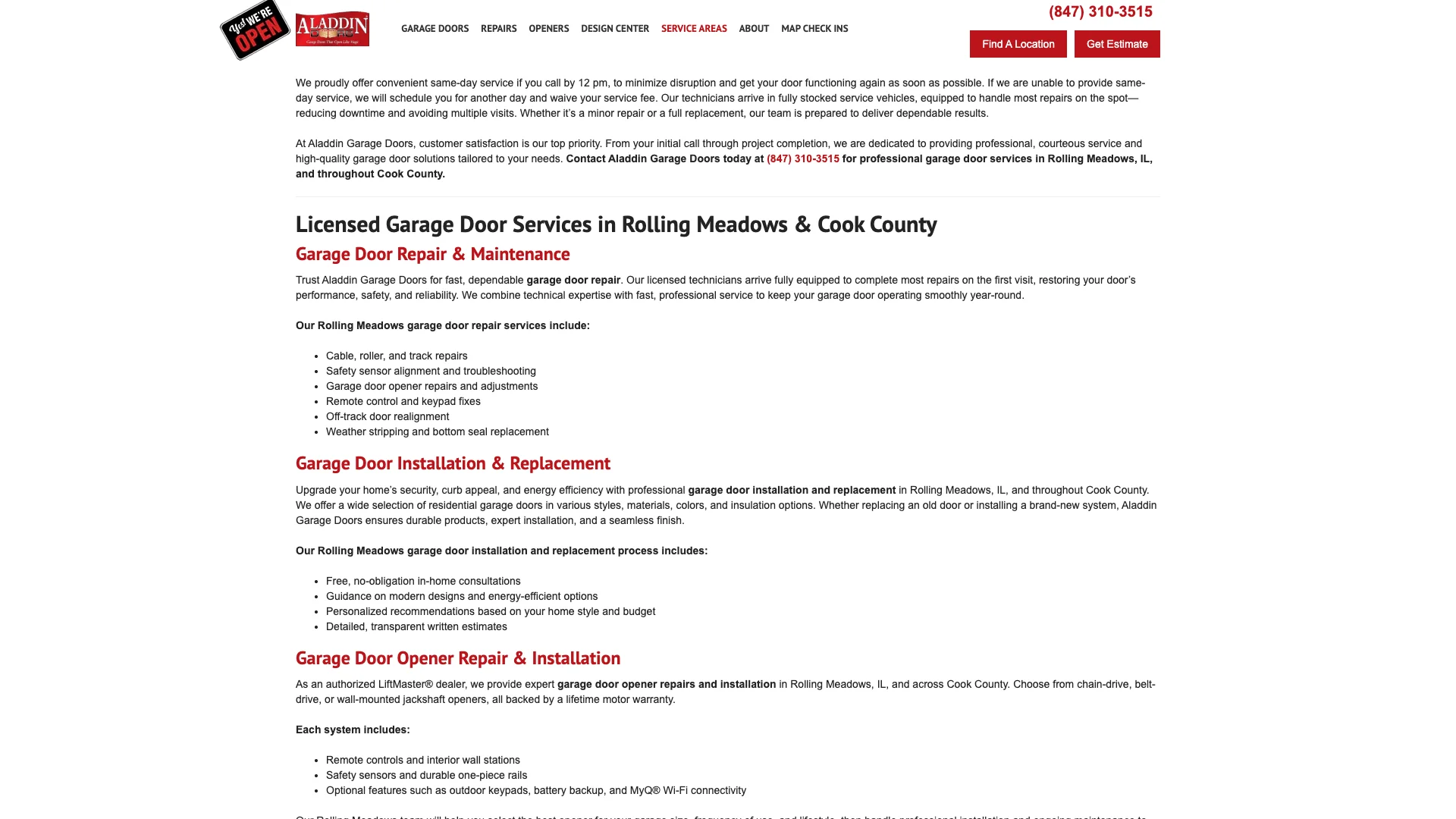Aladdin Doors dealer page showing Google Reviews widget with star ratings and review content rendered alongside the garage door service information and trust badges