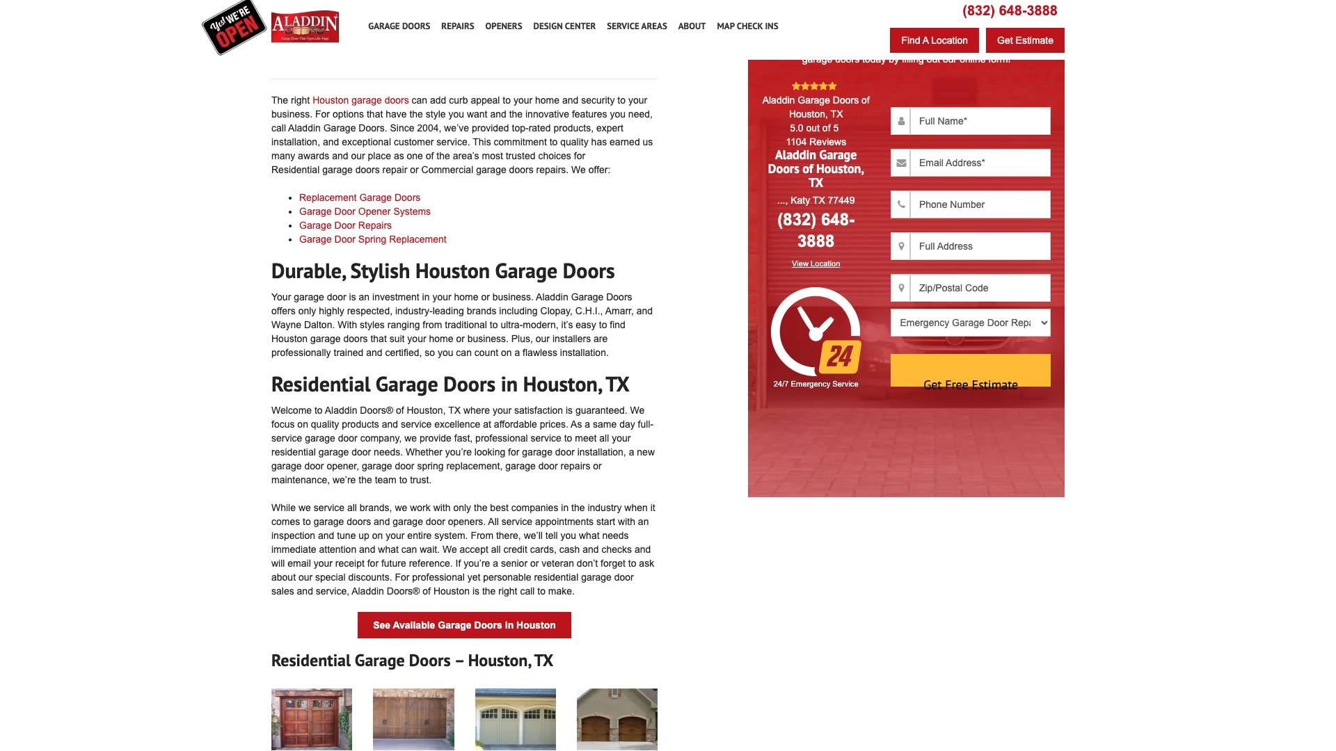 Aladdin Doors Elburn IL dealer page showing the full page layout with deep content, Google Reviews, trust badges, and contact form for the local garage door service area
