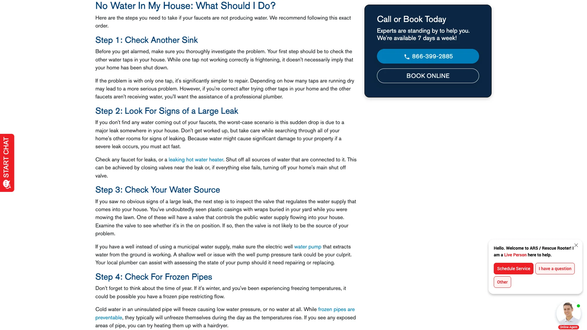 ARS Rescue Rooter no-water-in-house blog page showing the article body and the CTA section with the phone number and Schedule Service Today button but no Google Reviews widget or BBB badge anywhere visible on the page