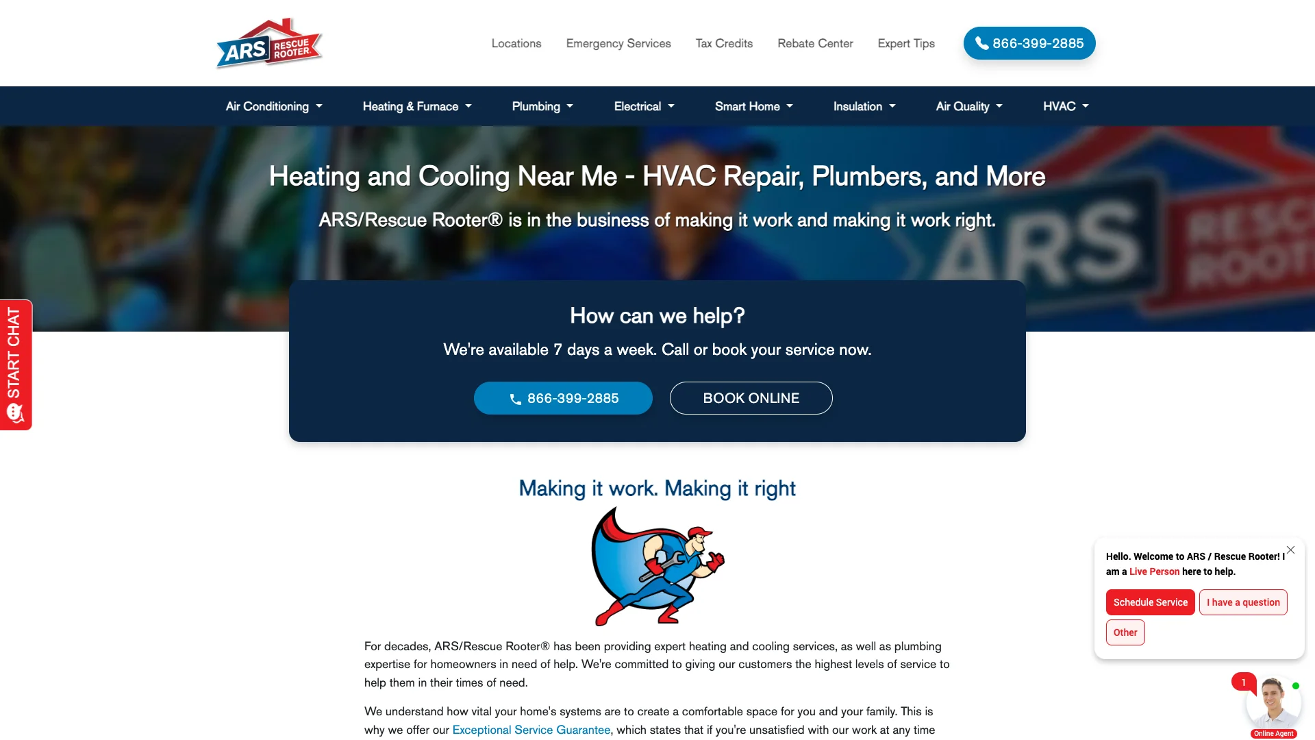 ARS Rescue Rooter homepage hero showing HVAC and plumbing franchise branding