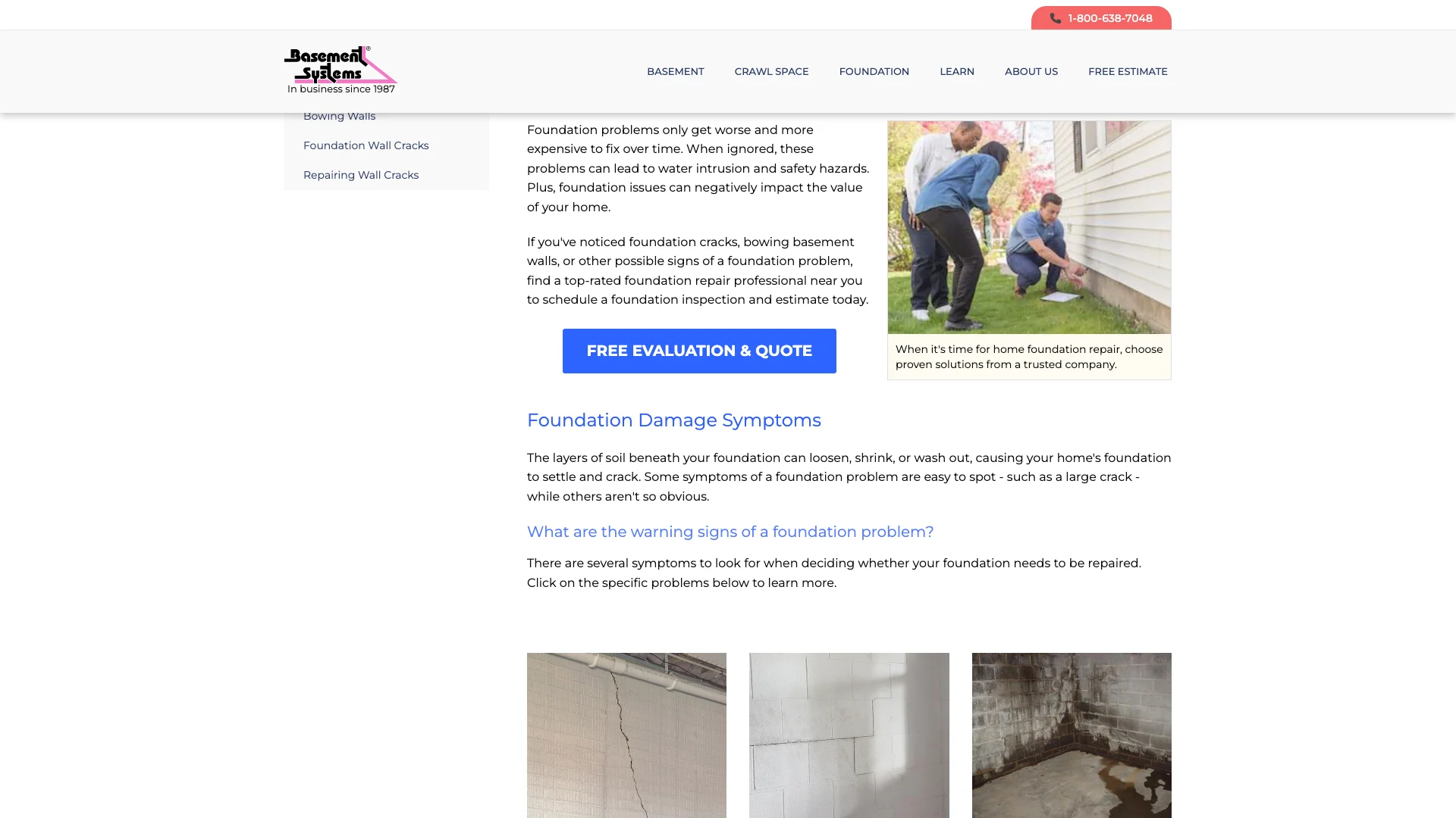 Basement Systems waterproofing page showing the single lead capture form with contact fields alongside the basement waterproofing service content