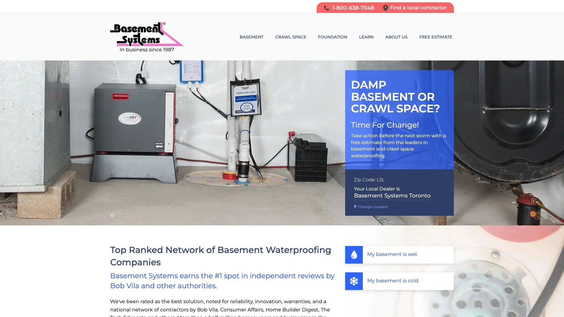 Basement Systems homepage hero showing foundation repair and waterproofing service branding