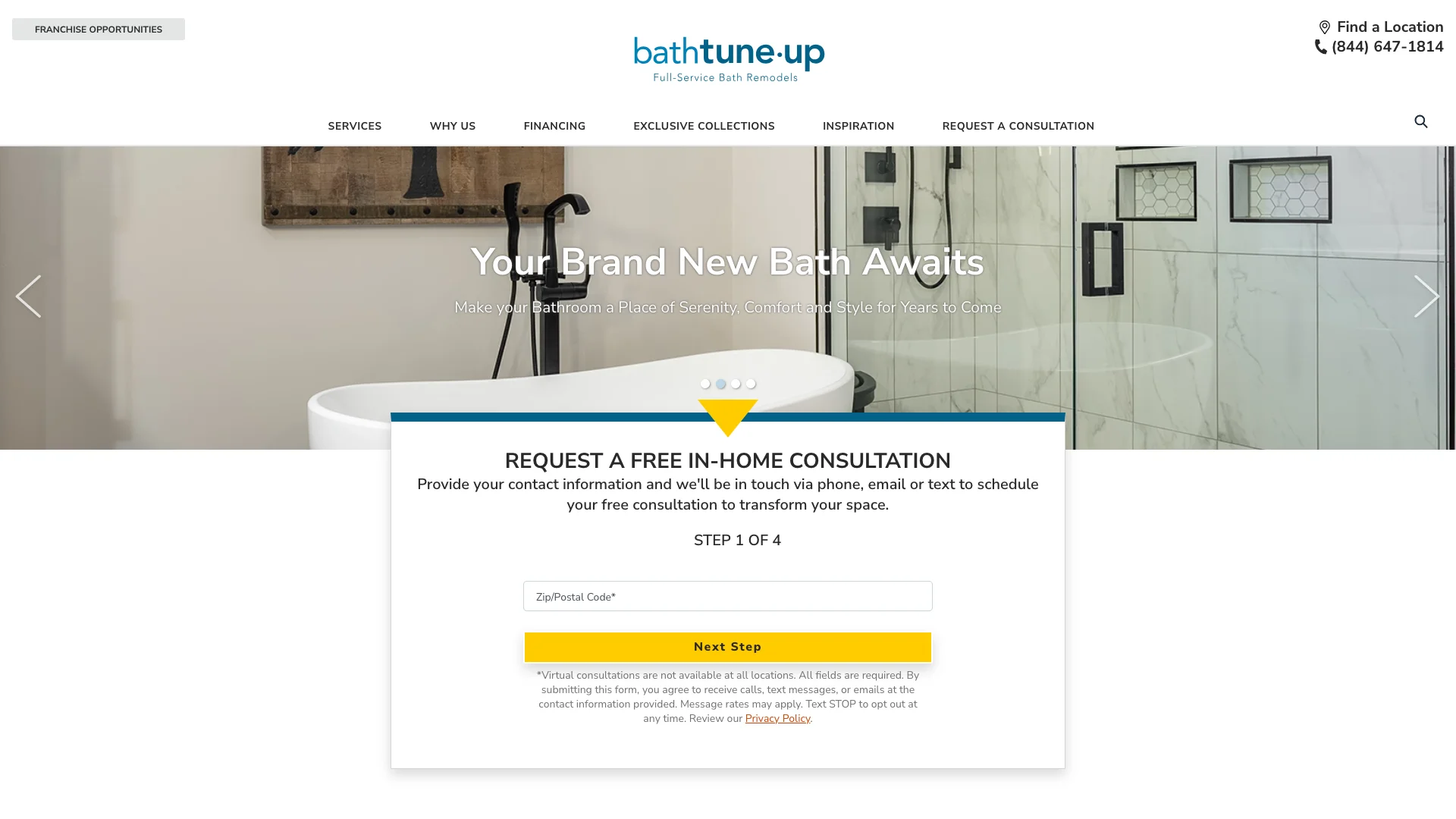 Bath Tune-Up homepage hero showing bathroom remodeling franchise branding