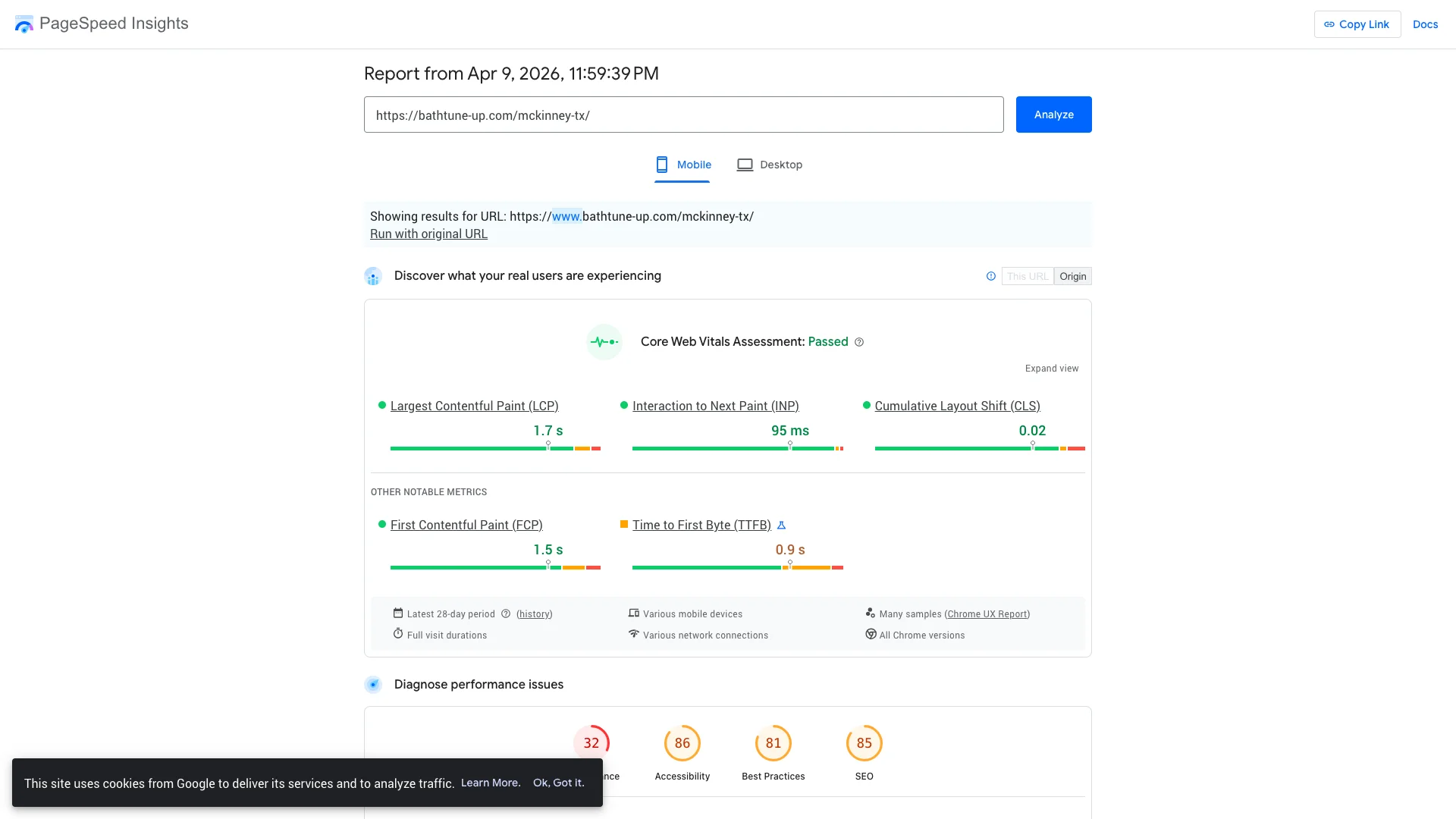 Google PageSpeed Insights Lighthouse lab results for Bath Tune-Up McKinney TX location page on mobile showing a score of 20 out of 100