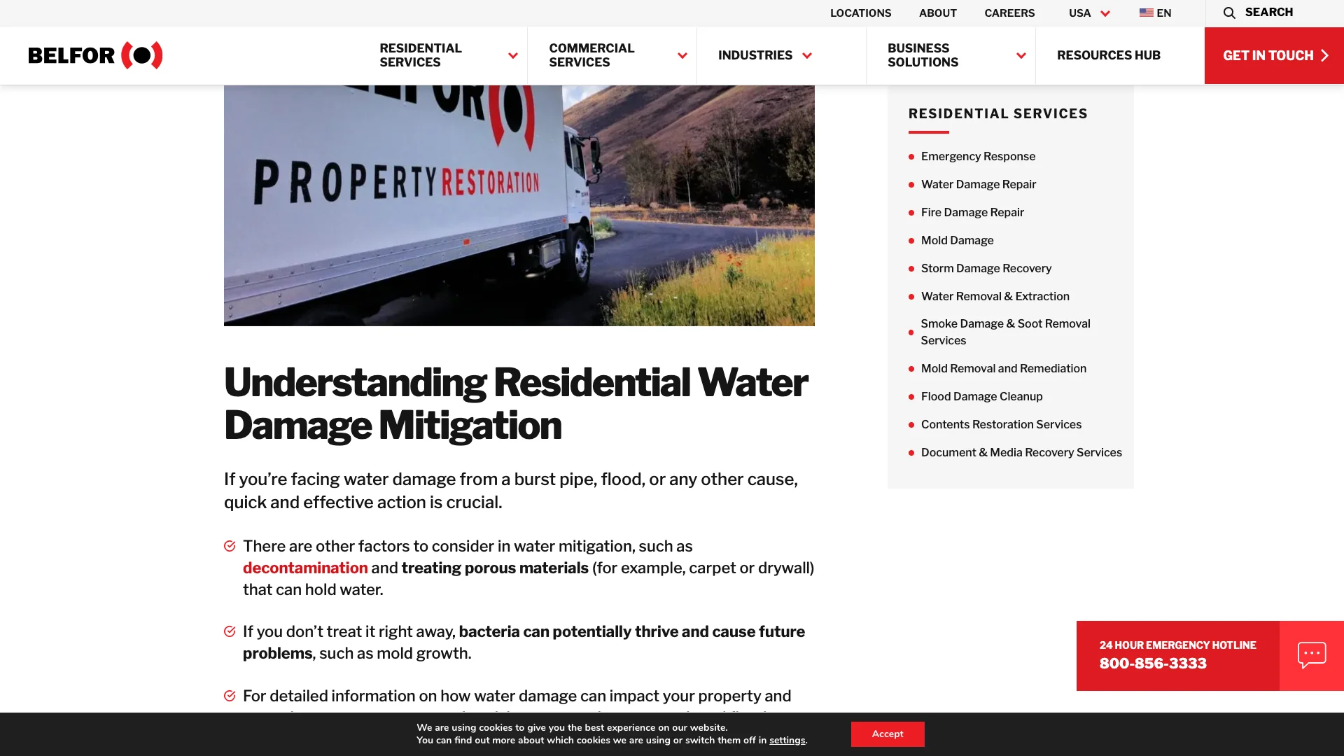 BELFOR service page showing the content layout without any visible Google Reviews, review widgets, or trust badges alongside the restoration service information