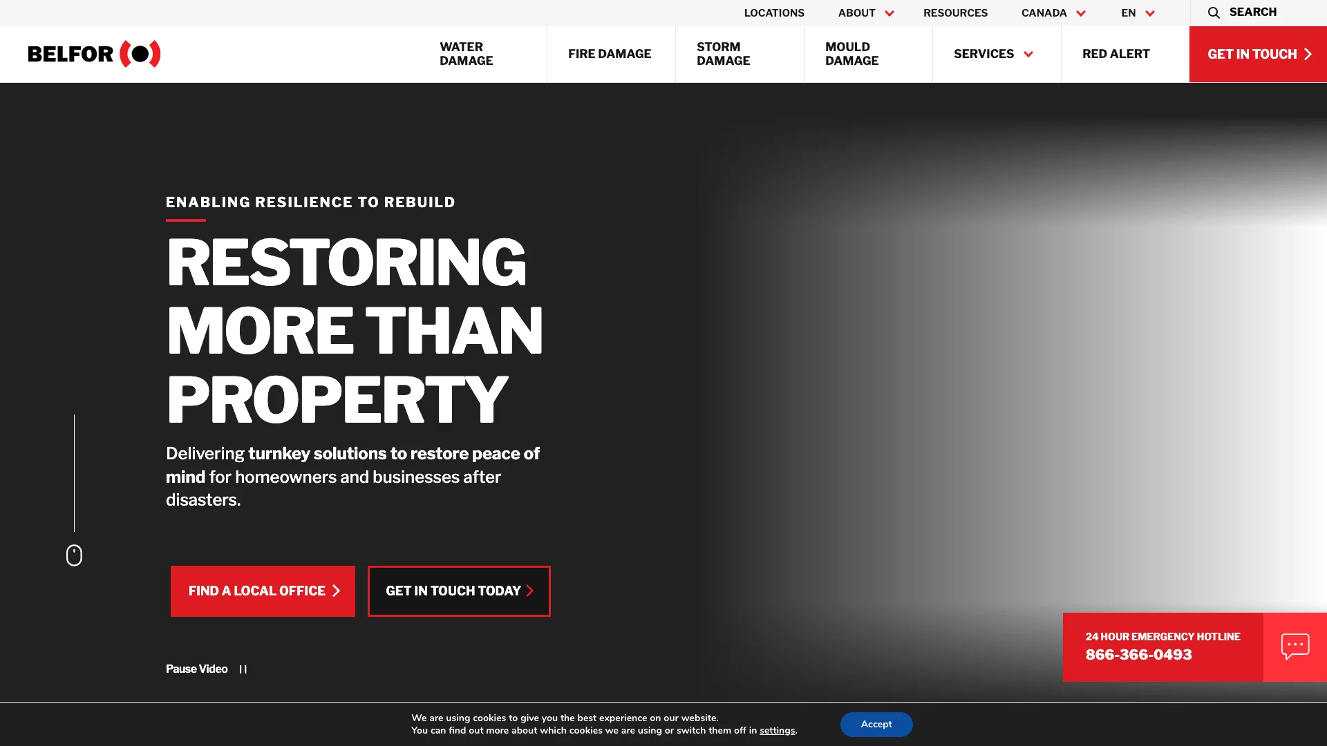 BELFOR Property Restoration homepage hero showing restoration service branding