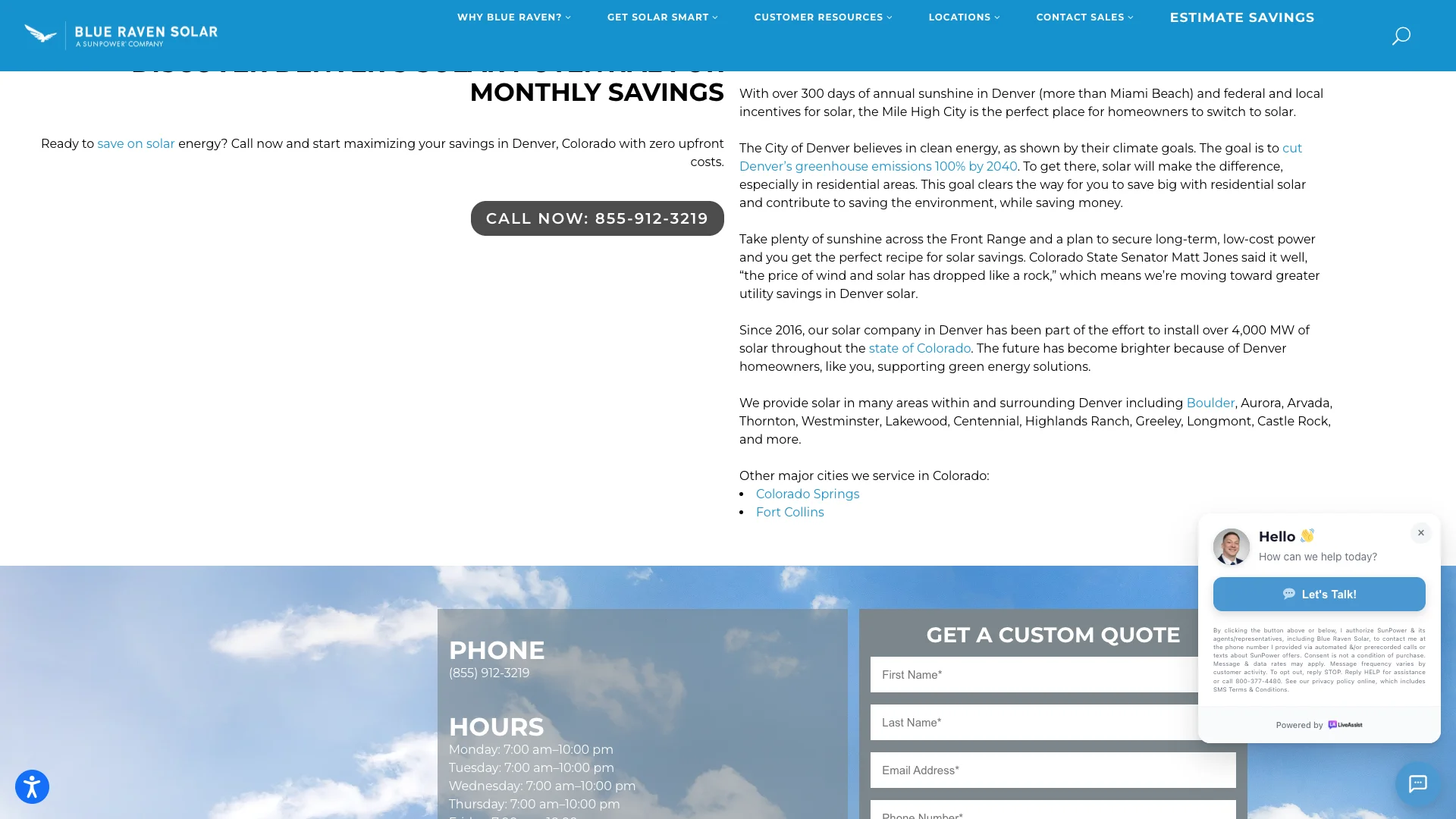 Blue Raven Solar Portland location page showing the local market content, Google Reviews, trust badges, and multiple lead capture forms for Oregon homeowners