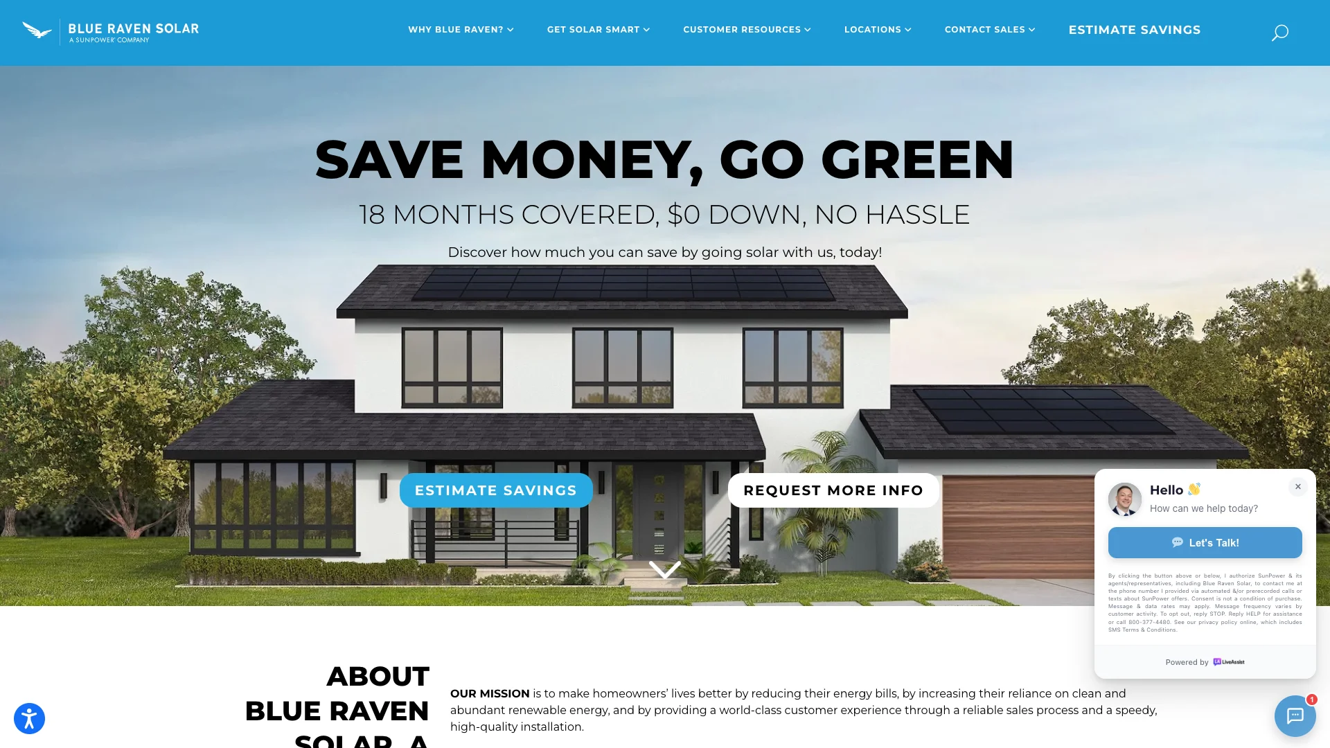 Blue Raven Solar homepage hero showing solar installation service branding