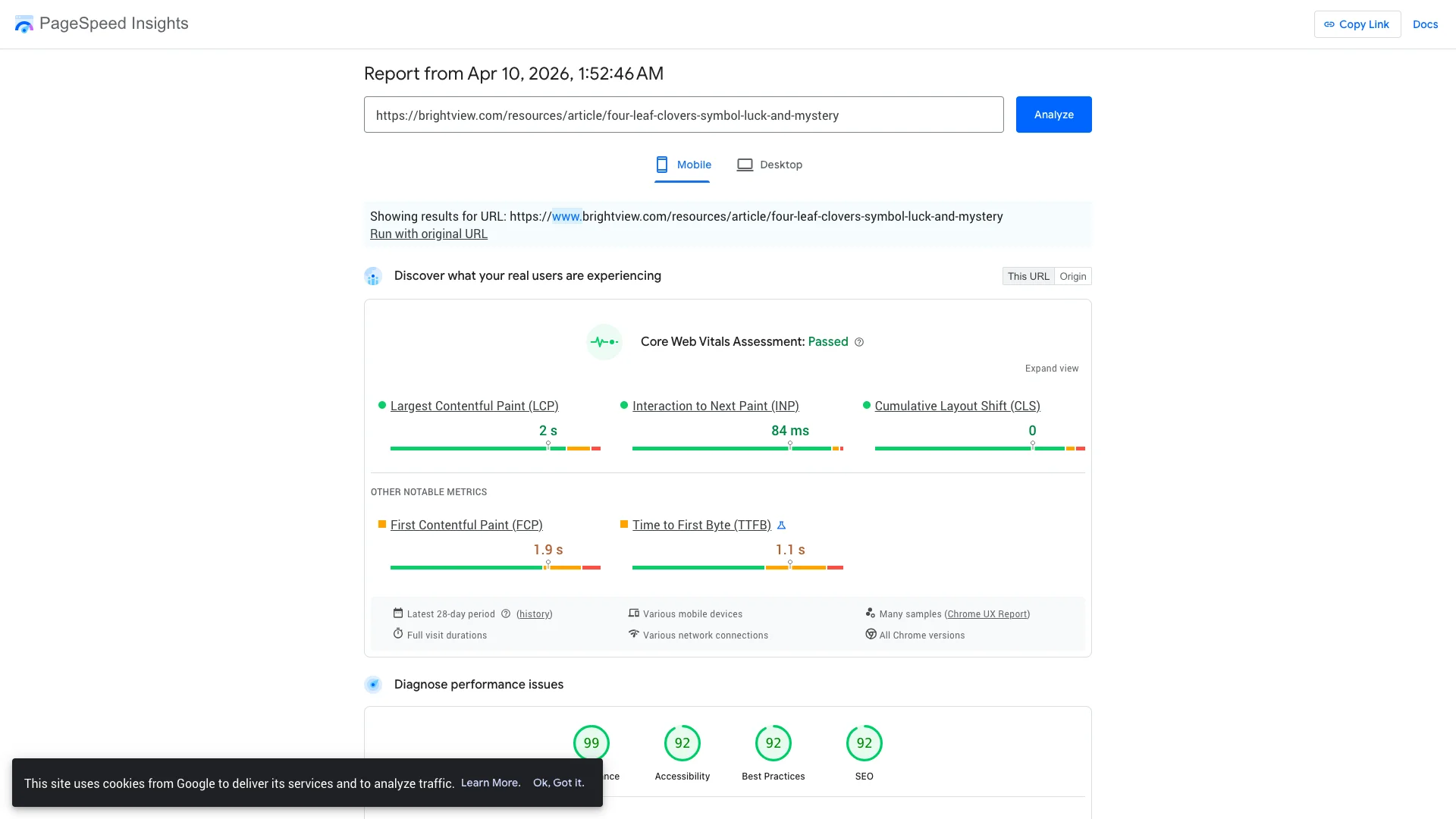 Google PageSpeed Insights mobile lab results for BrightView Orlando FL location page showing a performance score of 48 out of 100
