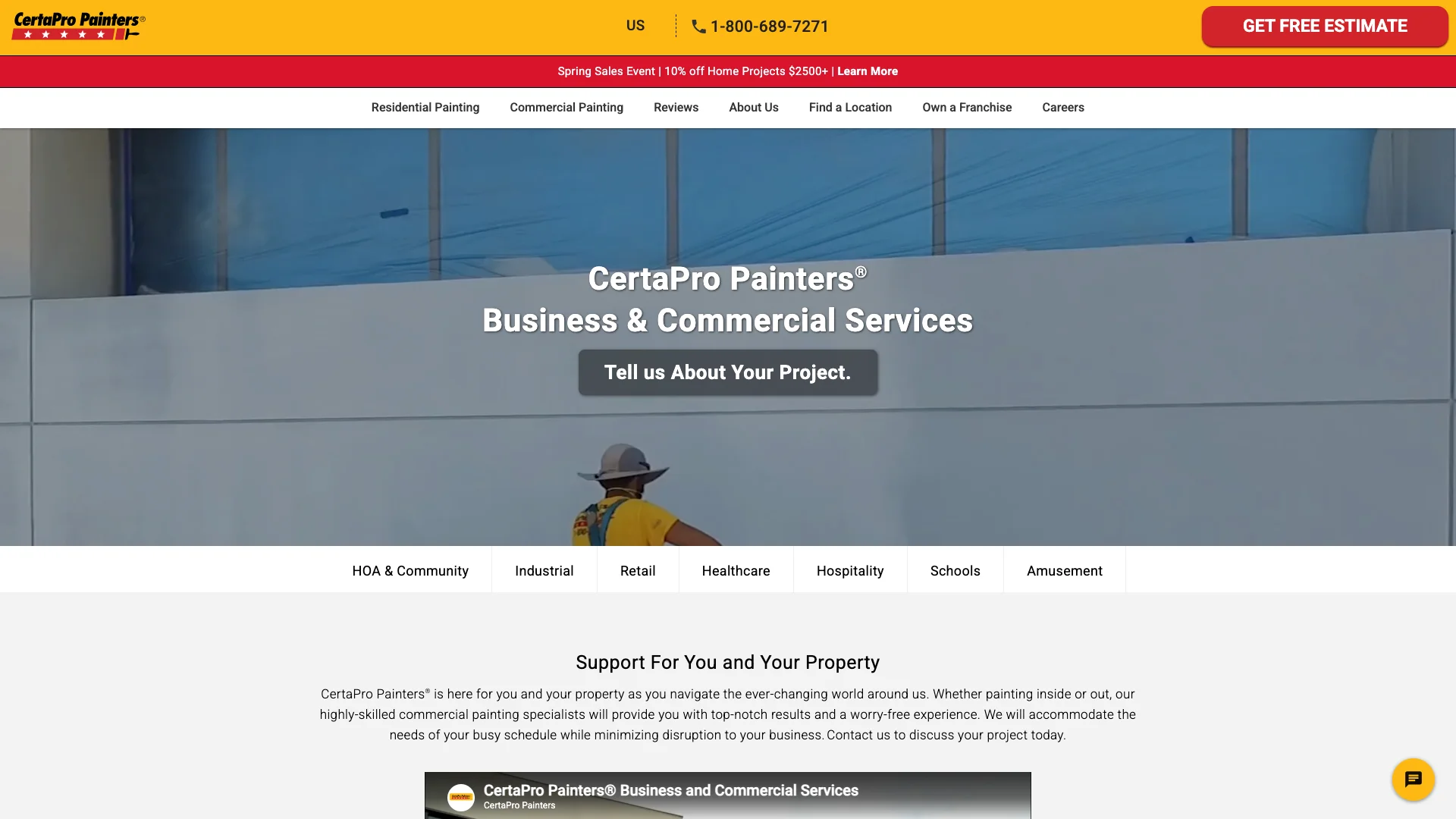 CertaPro Painters commercial painting page showing service description, hero imagery of commercial painting projects, and the page layout with navigation and content sections