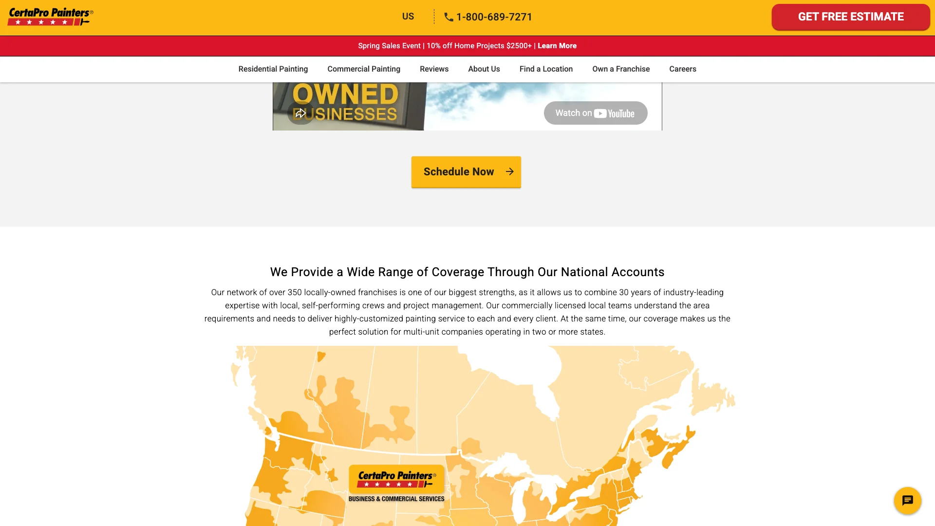 CertaPro Painters commercial painting page mid-section showing content area with zero visible trust signals — no Google Reviews widget, no BBB badge, no certification badges, no star ratings anywhere on the page