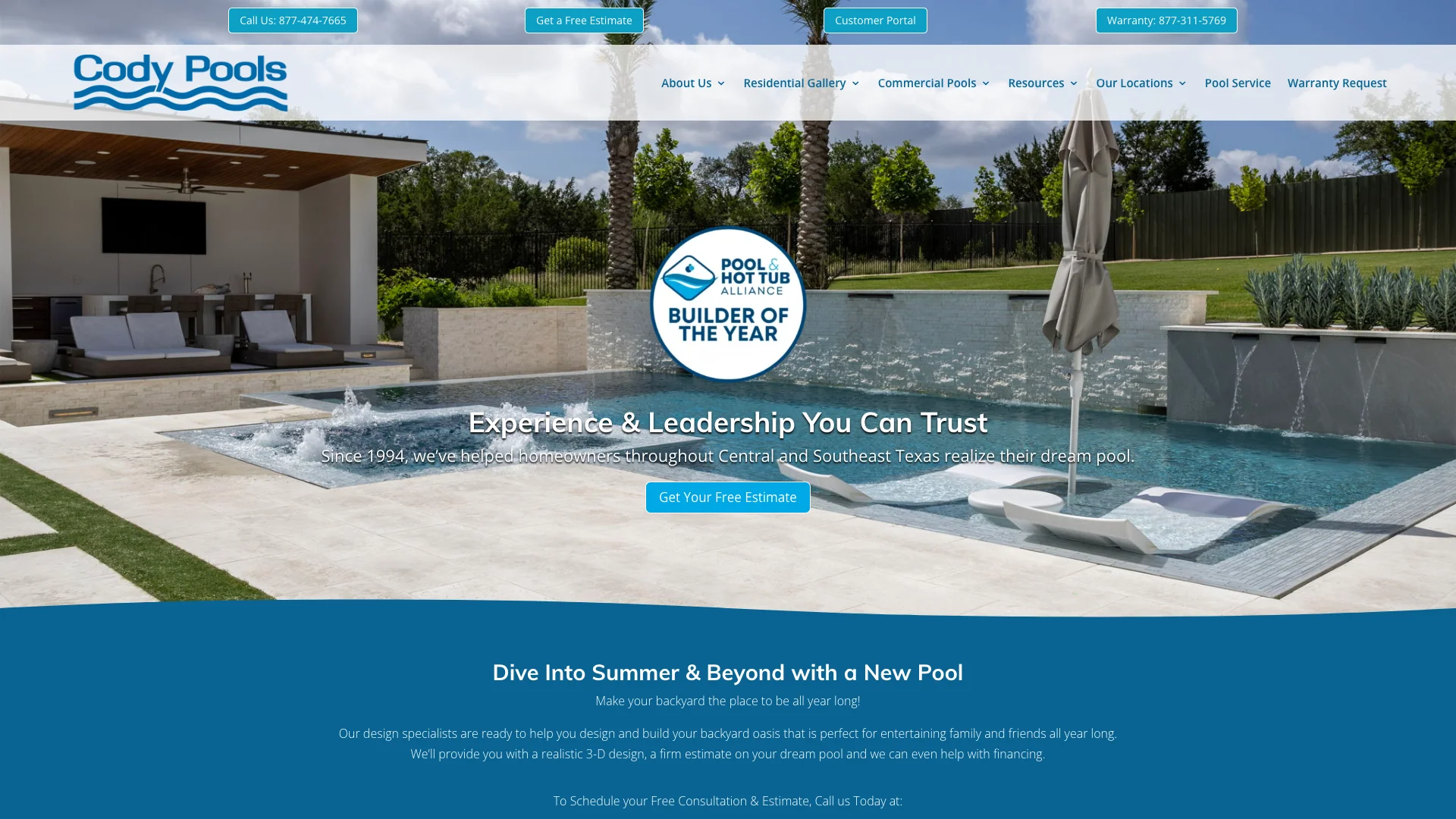 Cody Pools homepage hero showing pool building service branding for the Houston and Florida markets