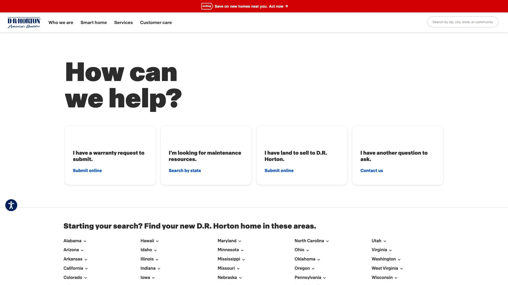 D.R. Horton state page showing the community search interface and state-level navigation for finding new construction homes