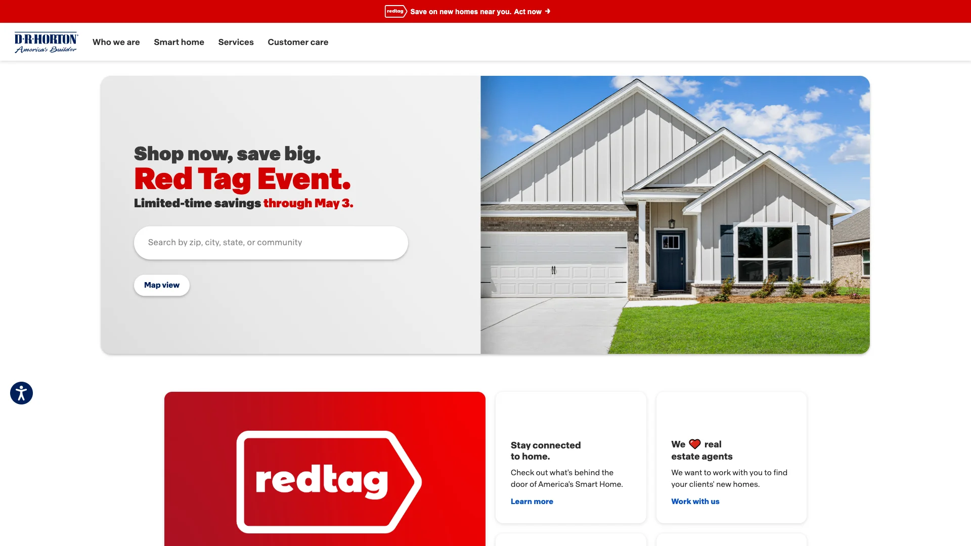D.R. Horton homepage hero showing Red Tag Event promotion and home search bar