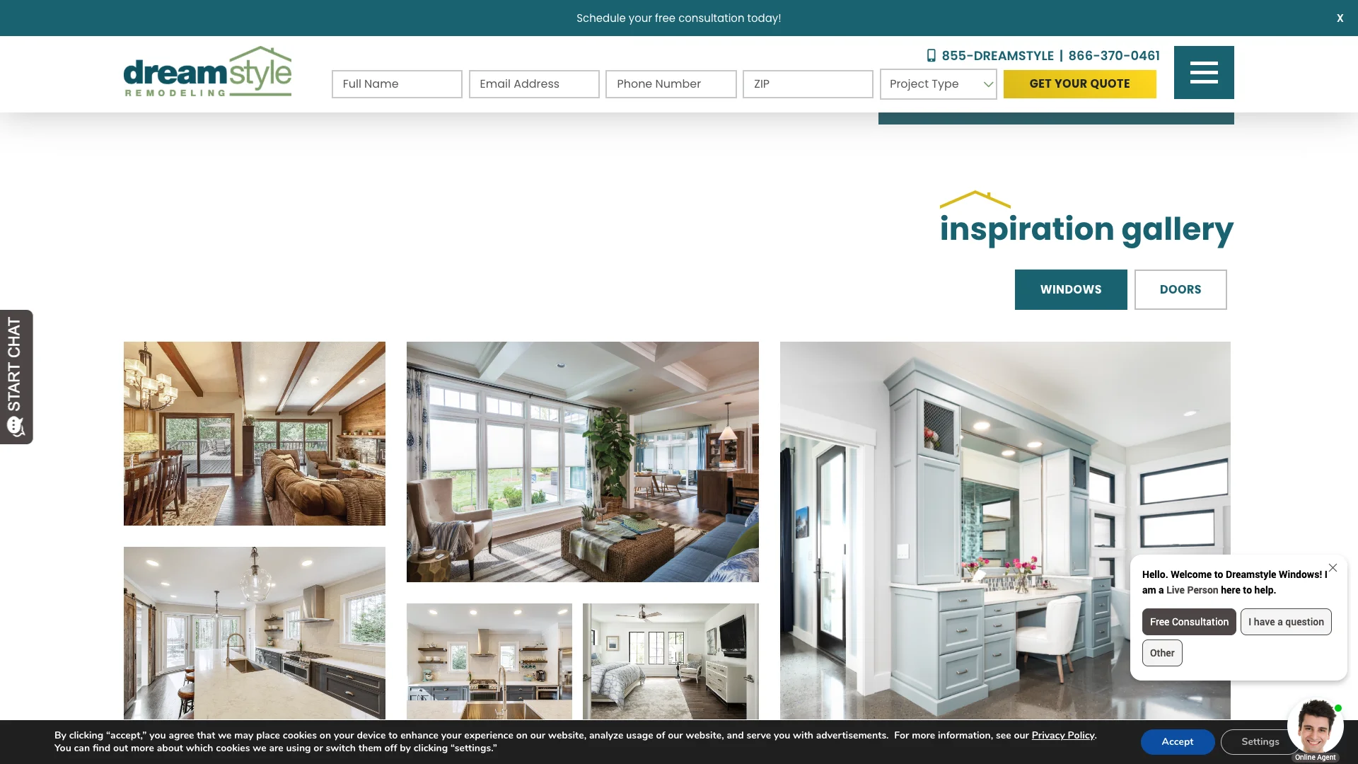 Dreamstyle Remodeling location page showing multiple lead capture forms distributed throughout the page content for window and door replacement services