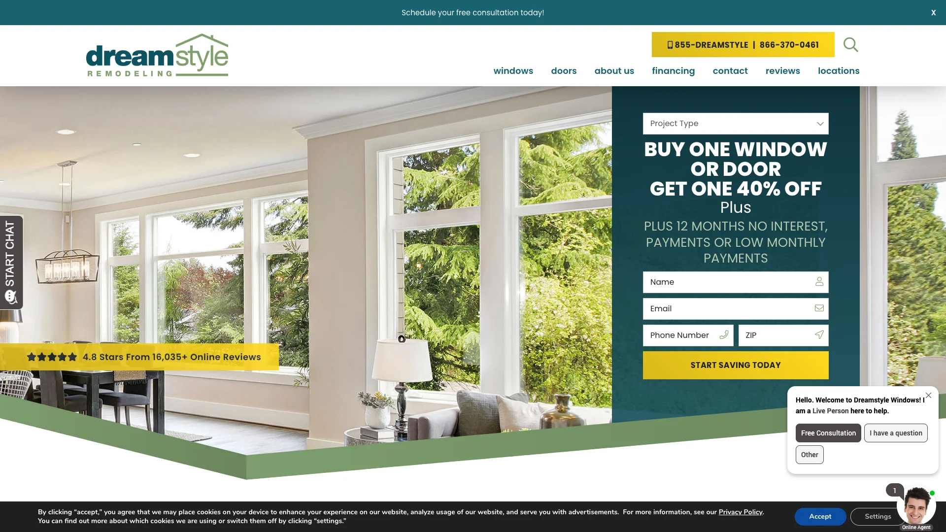 Dreamstyle Remodeling homepage hero showing windows and doors service branding