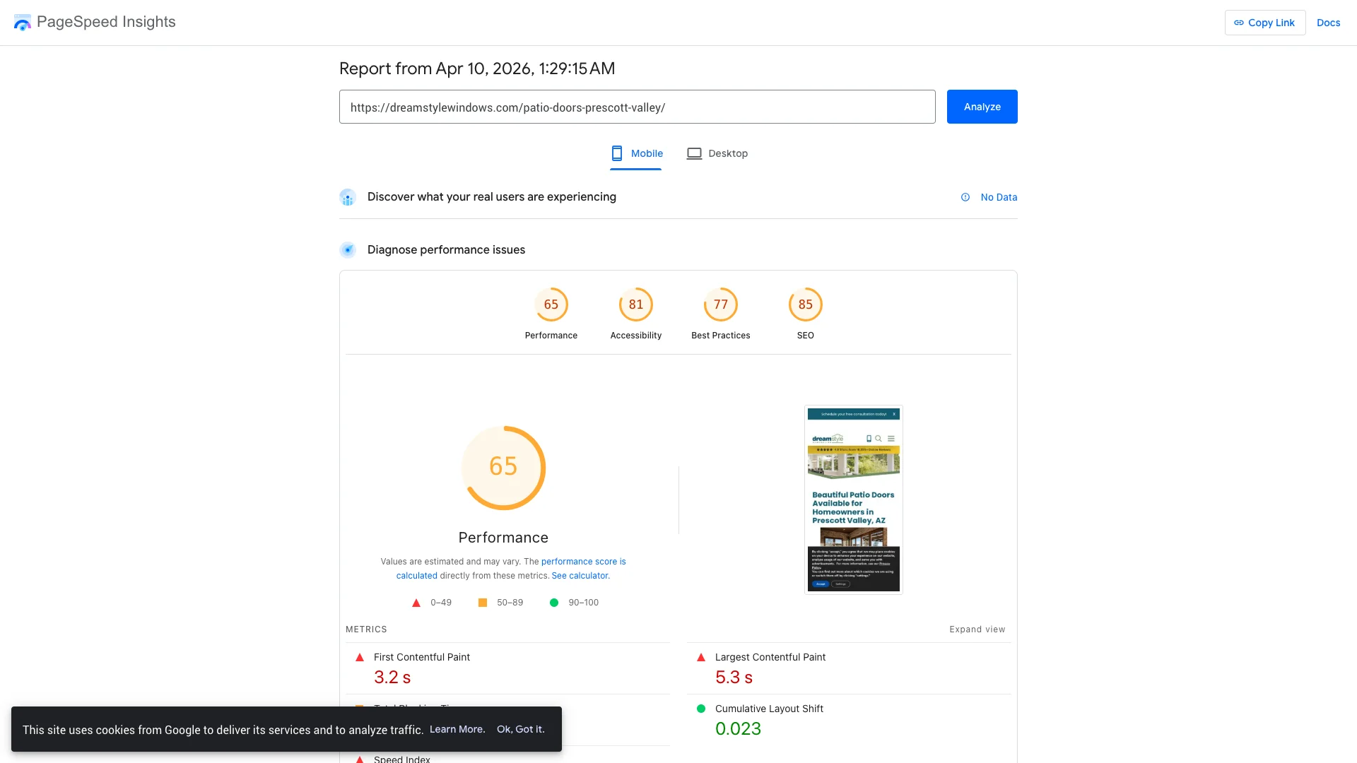 Google PageSpeed Insights Lighthouse lab results for Dreamstyle Remodeling patio doors Prescott Valley page on mobile showing a score of 71 out of 100