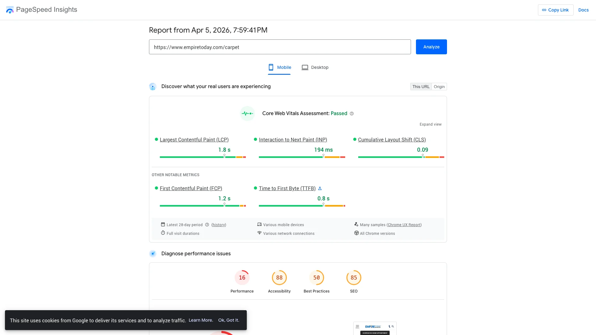 Google PageSpeed Insights Lighthouse lab results for empiretoday.com/carpet showing a performance score of 16 out of 100 on mobile, with LCP of 9.0 seconds and CLS of 0.437