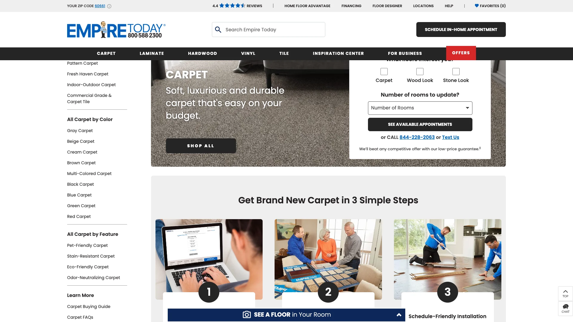 Empire Today carpet page showing multiple phone numbers visible simultaneously — 800-588-2300 in the header, 866-724-9426 in the body, a 'Text Us' link, and a 'CALL' button — four different contact numbers on a single page without explanation of which connects where