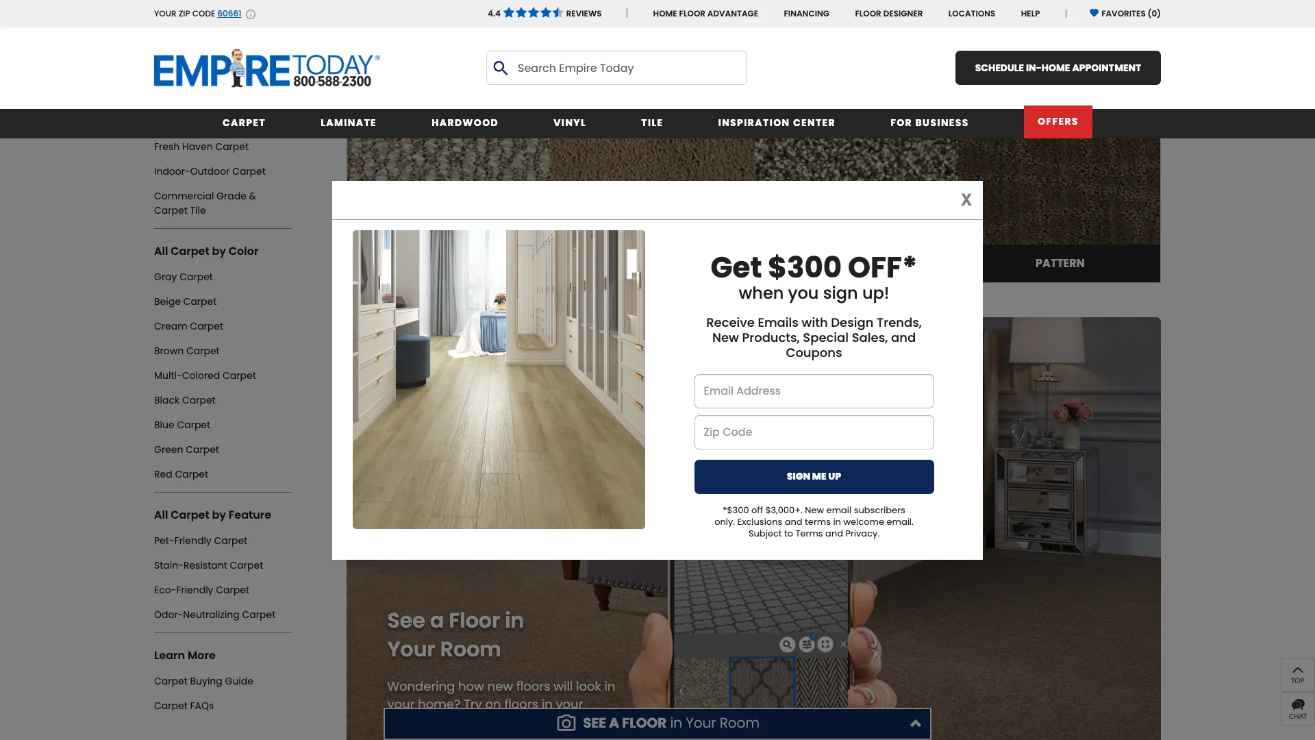 Empire Today carpet page footer area showing BBB accreditation badge and trust certification badges visible, but no Google Reviews widget, no star rating, and no customer review count displayed anywhere on the page