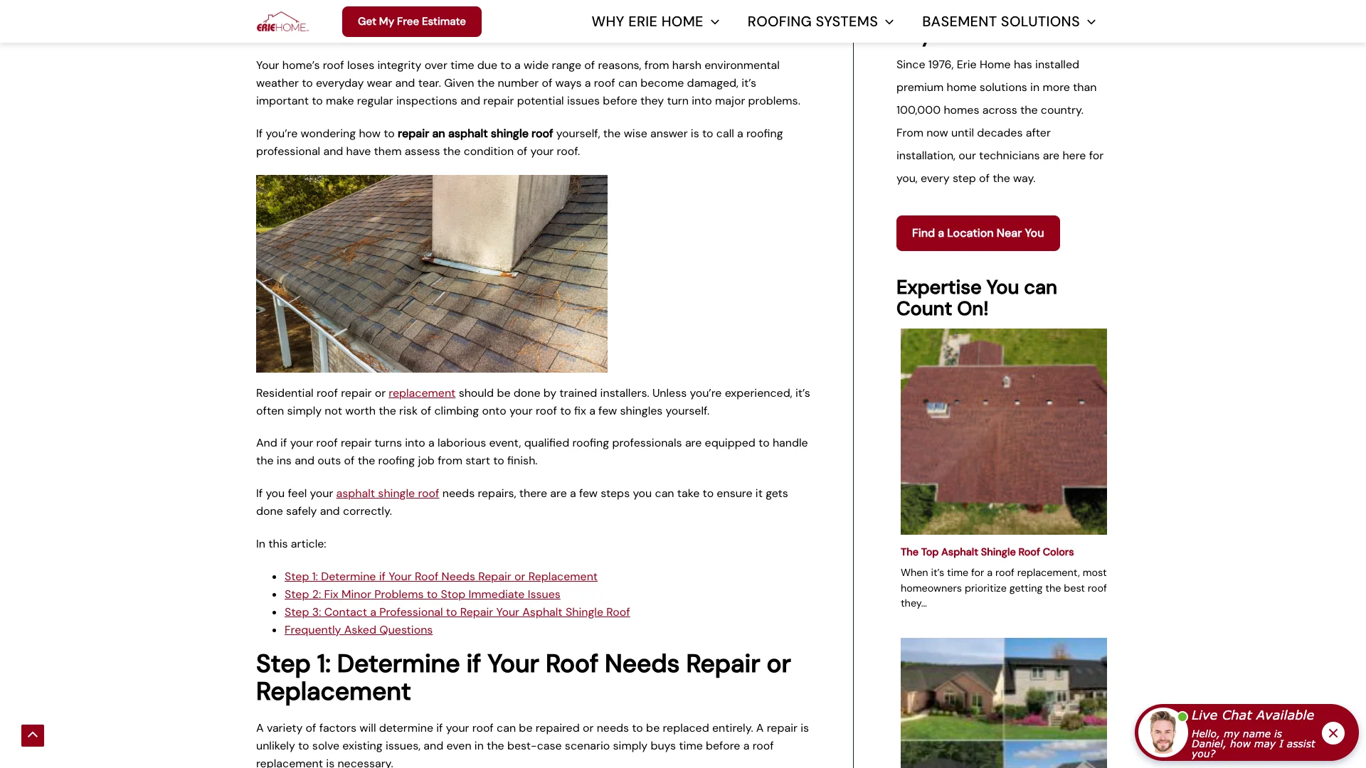 Erie Home blog post titled 'How to Repair an Asphalt Shingle Roof (3 Steps)' showing article content, navigation with Get My Free Estimate CTA, phone number 800-998-8301, and a chat widget in the bottom right corner — no lead capture form visible anywhere on the page