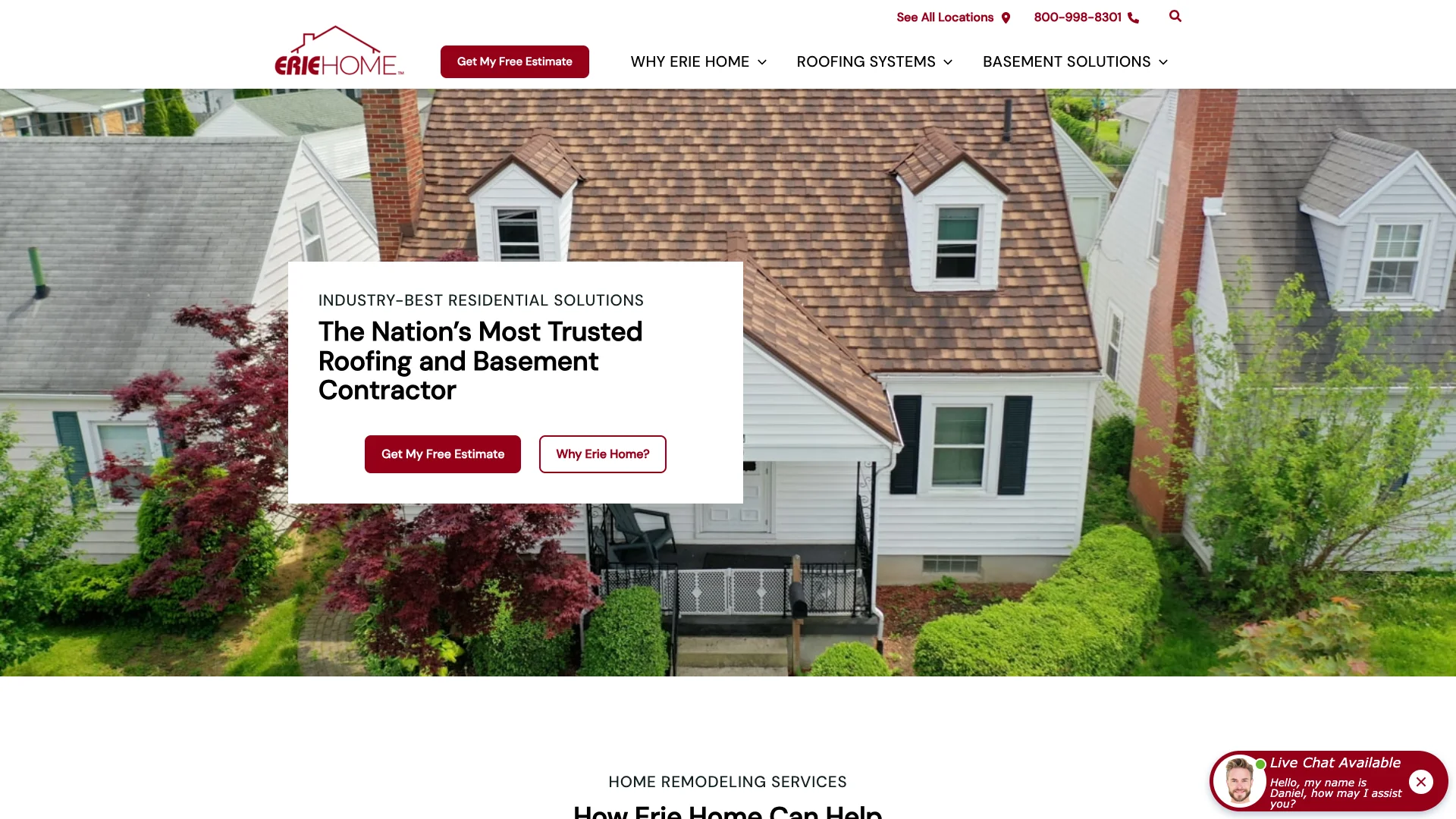 Erie Home homepage hero showing roofing service branding