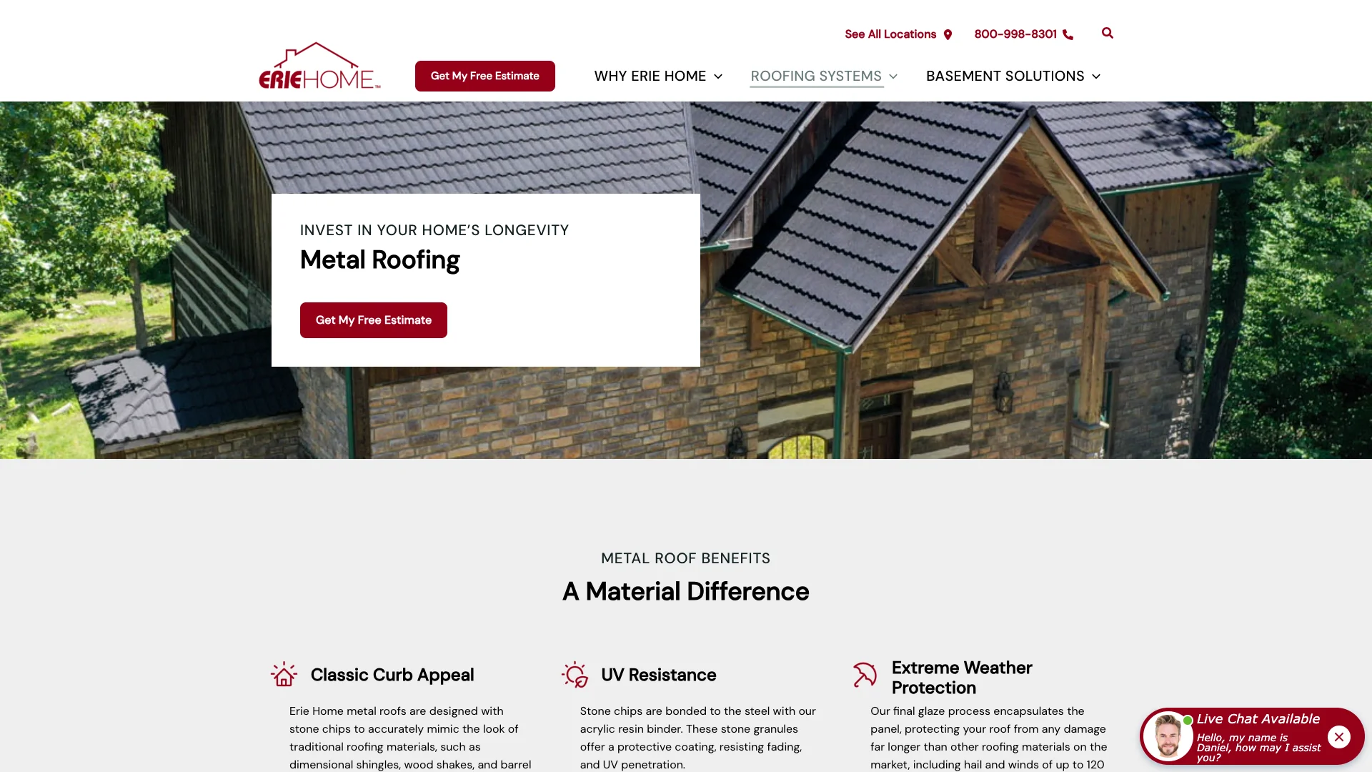Erie Home metal roofing service page showing 'Metal Roofing' heading, product description, Google Reviews widget with star rating, trust badges, and CTA for Get My Free Estimate alongside the 800-998-8301 phone number