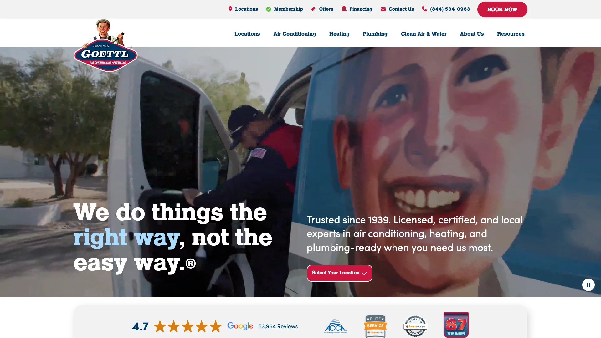 Goettl homepage hero showing HVAC and plumbing franchise branding with Since 1939 logo