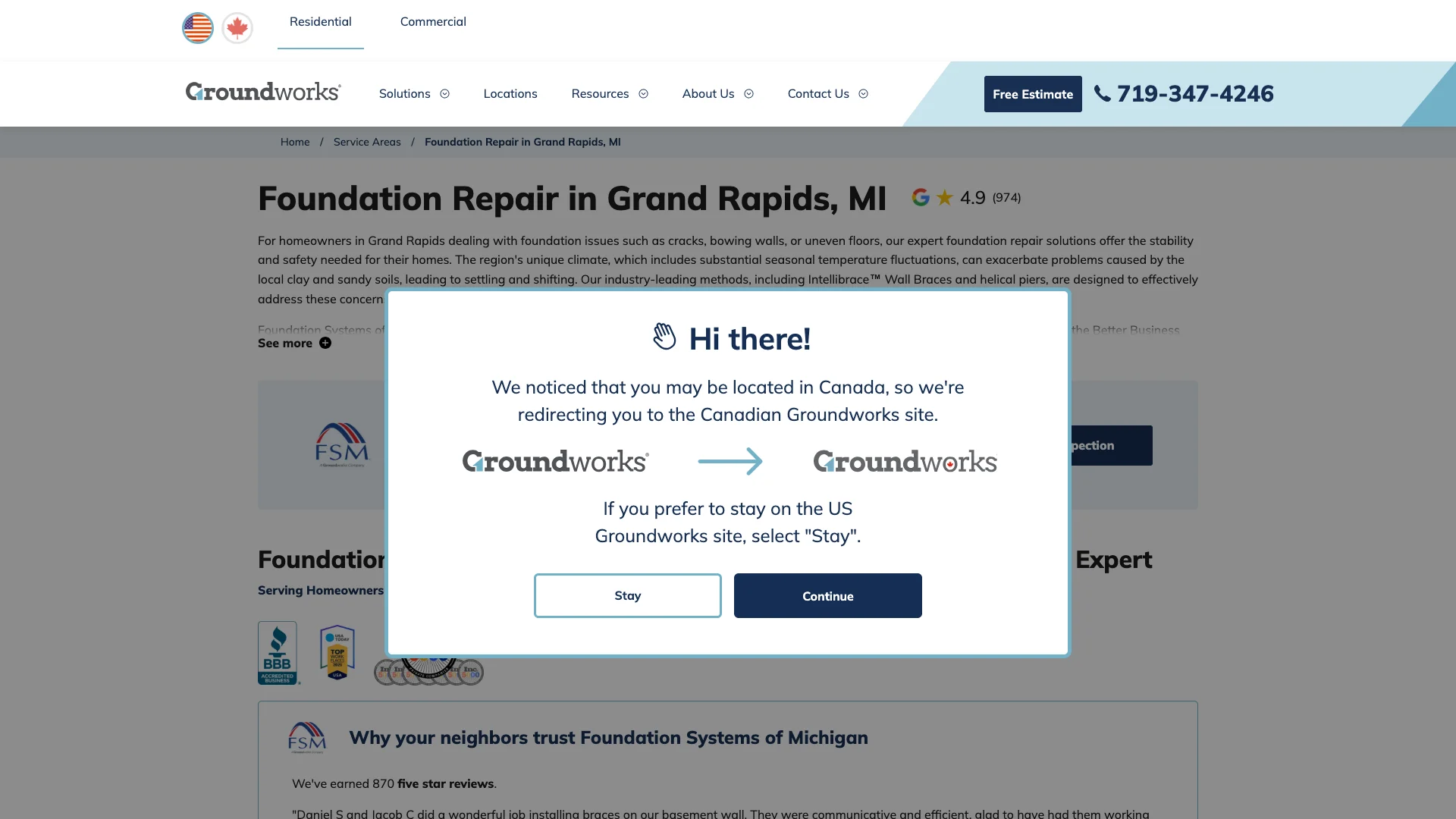 Groundworks contact page showing the BBB A+ Accredited Business badge, phone number, and the US and Canadian flag indicators for cross-border service