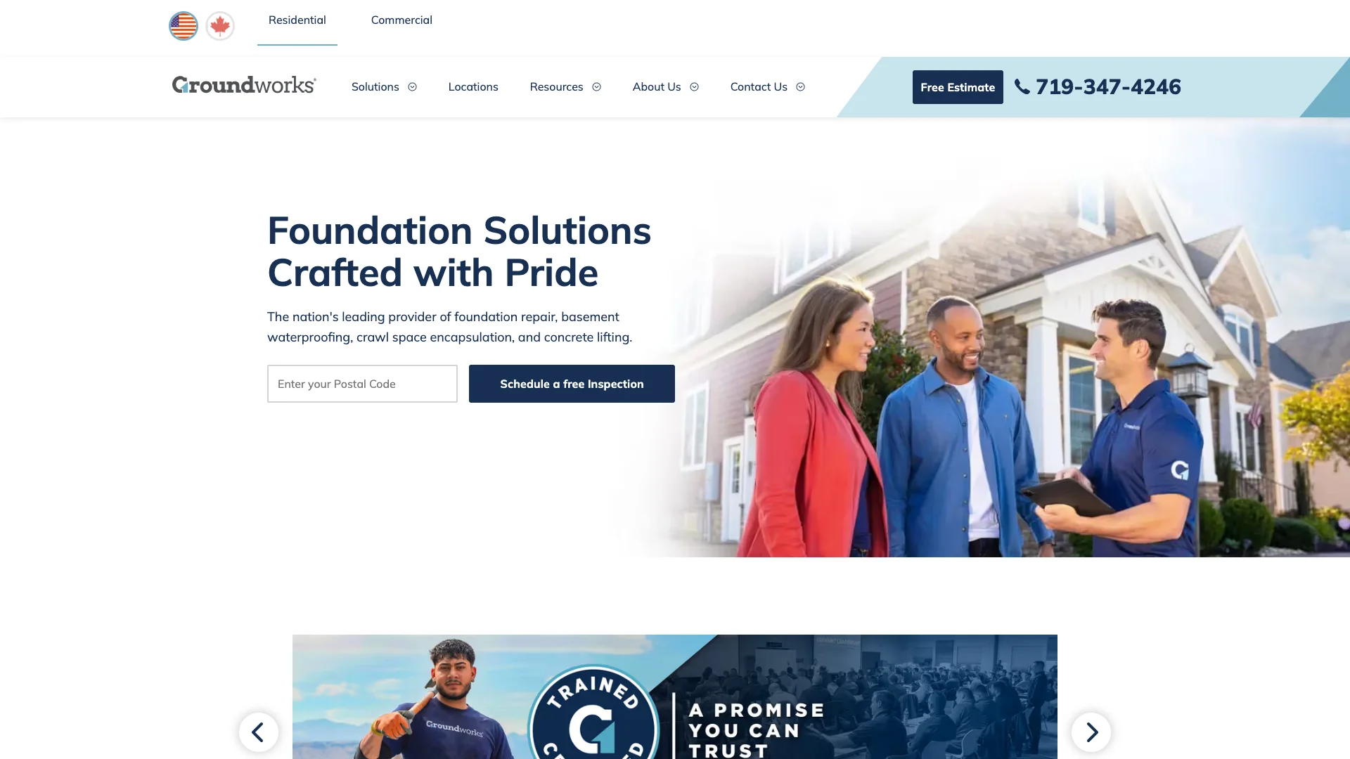 Groundworks homepage hero showing foundation repair and waterproofing branding