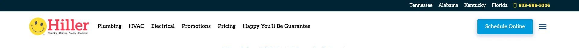 Happy Hiller navigation showing the Schedule Online CTA button and professional blue brand header — the entry point to a genuinely well-built 7-step booking modal