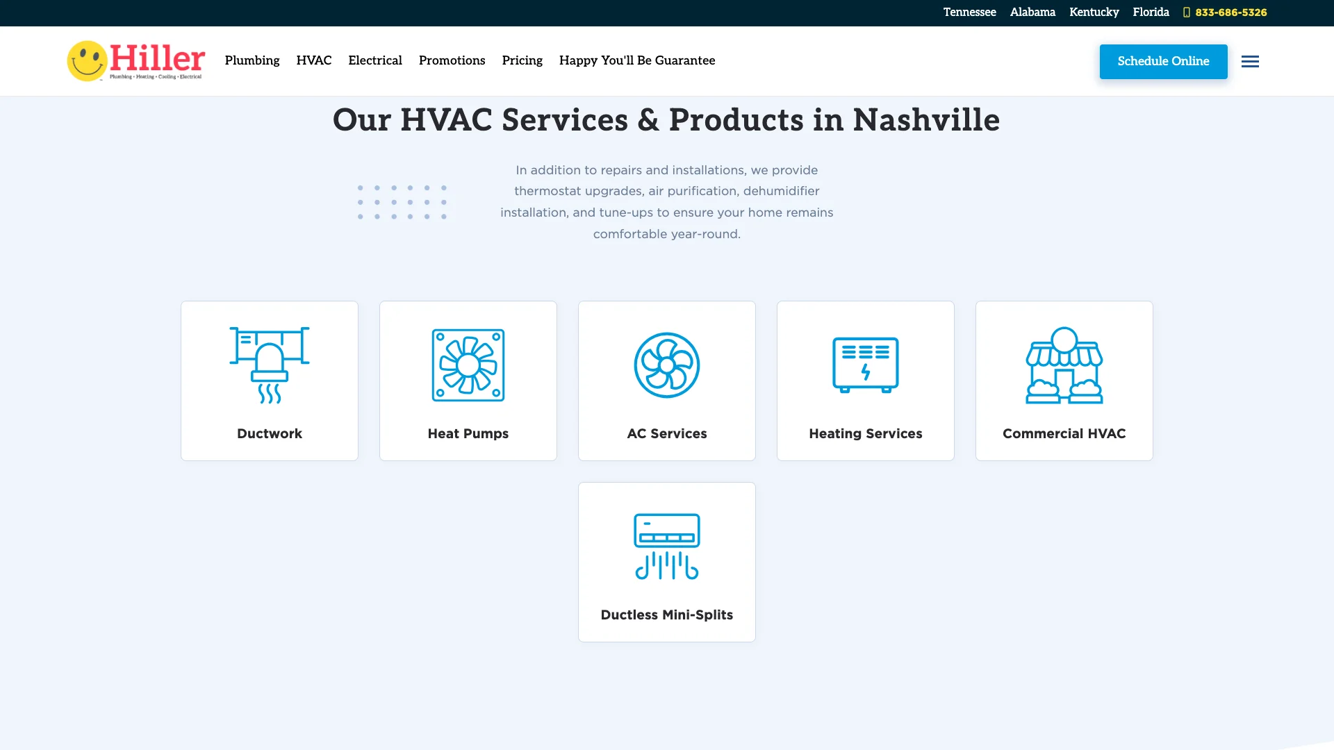 Happy Hiller Nashville HVAC services page scrolled to the location footer area showing the long list of regional phone numbers including Tennessee, Alabama, Florida, Georgia, Kentucky, and Mississippi locations all rendered into the same page