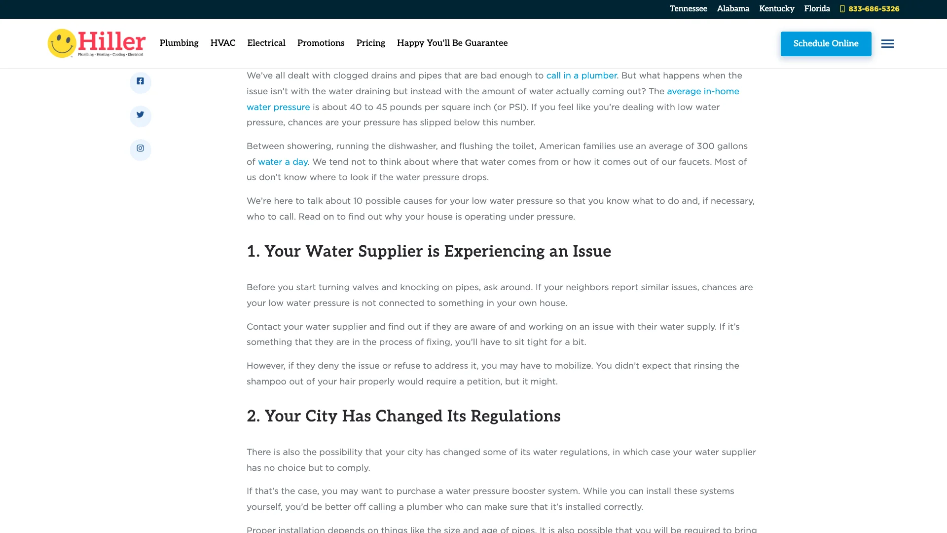 Happy Hiller low water pressure blog page area where customer reviews and trust badges should appear, showing the absence of any Google Reviews widget, BBB badge, or trust certification on the long-form blog content