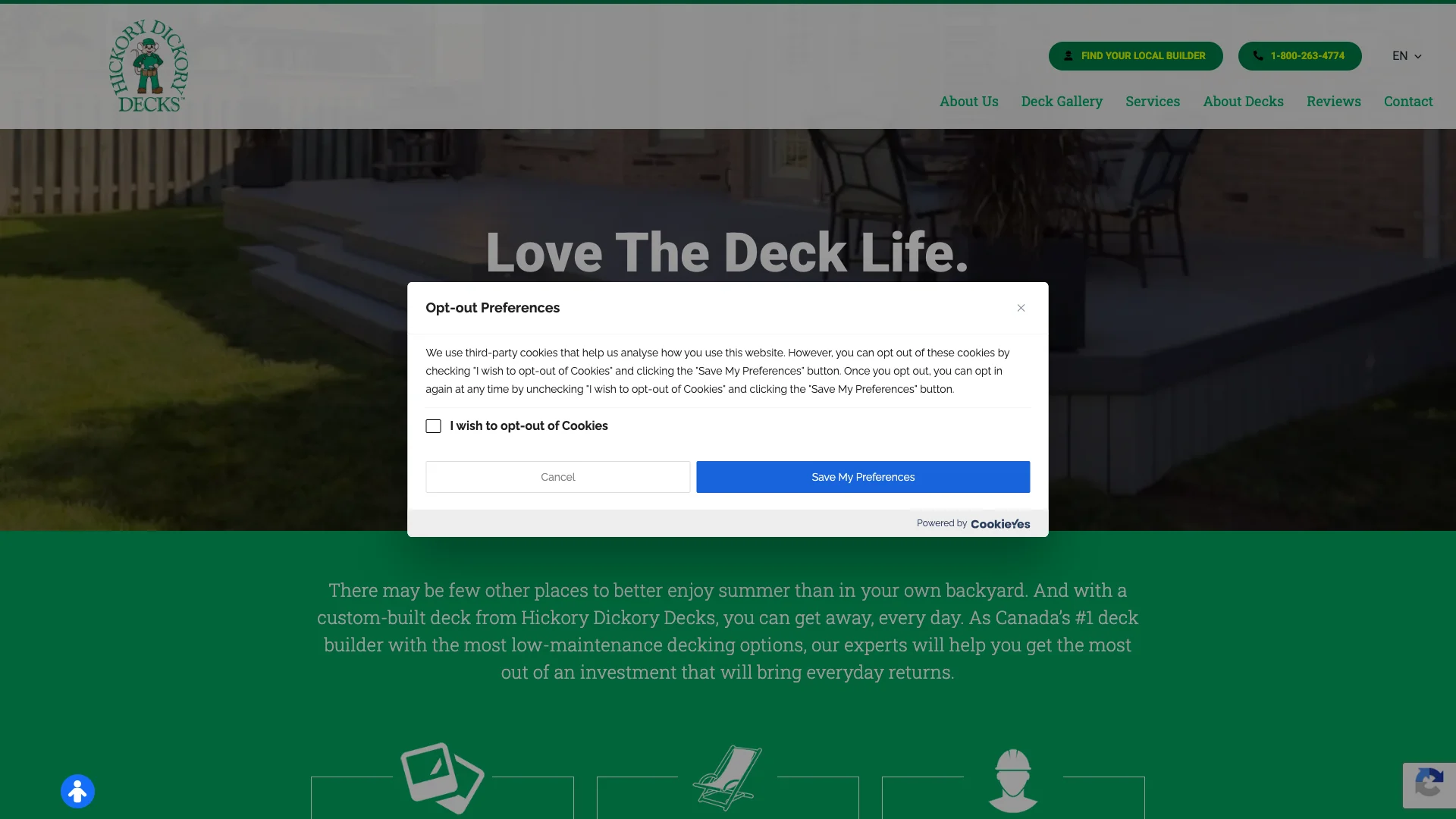 Hickory Dickory Decks homepage hero showing Canadian deck building franchise branding