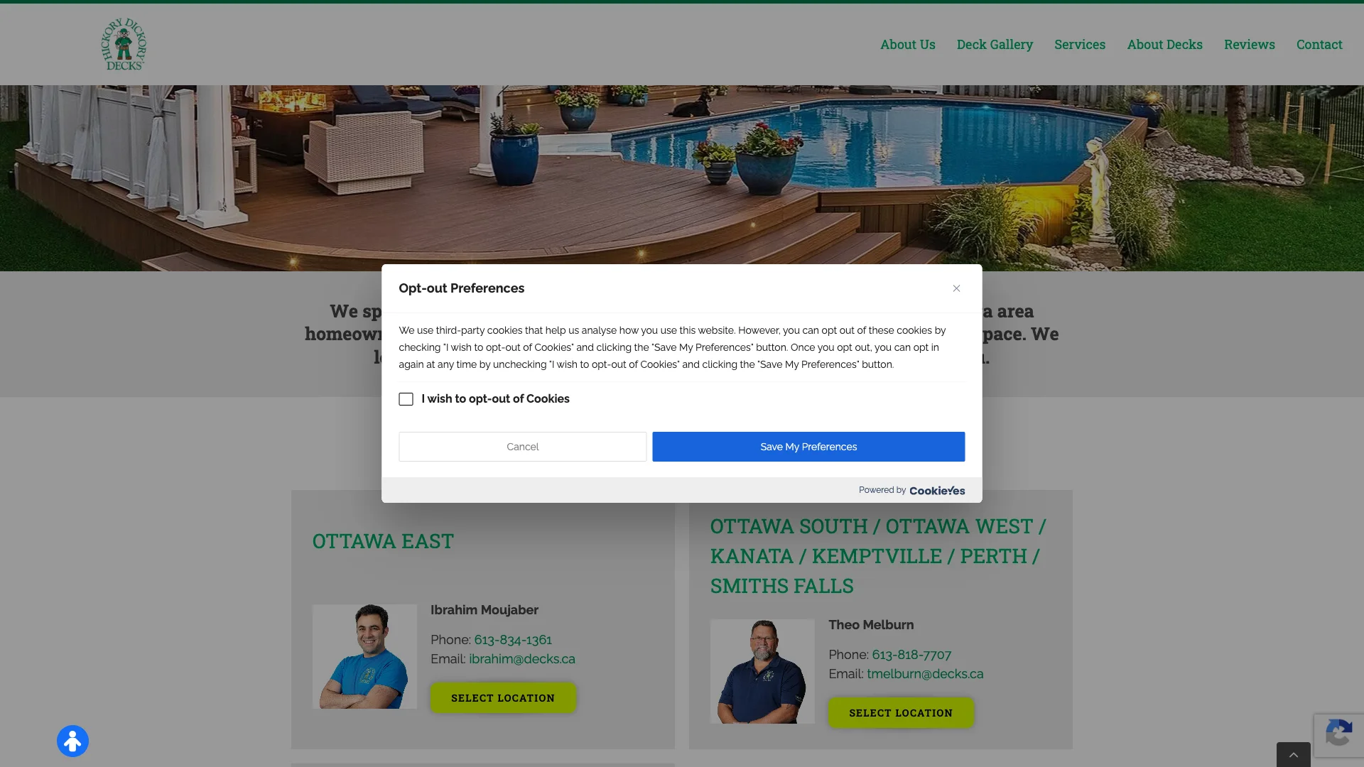 Hickory Dickory Decks Ottawa location page showing the franchise location content for the Ottawa Ontario deck building market with the review widget and contact CTAs
