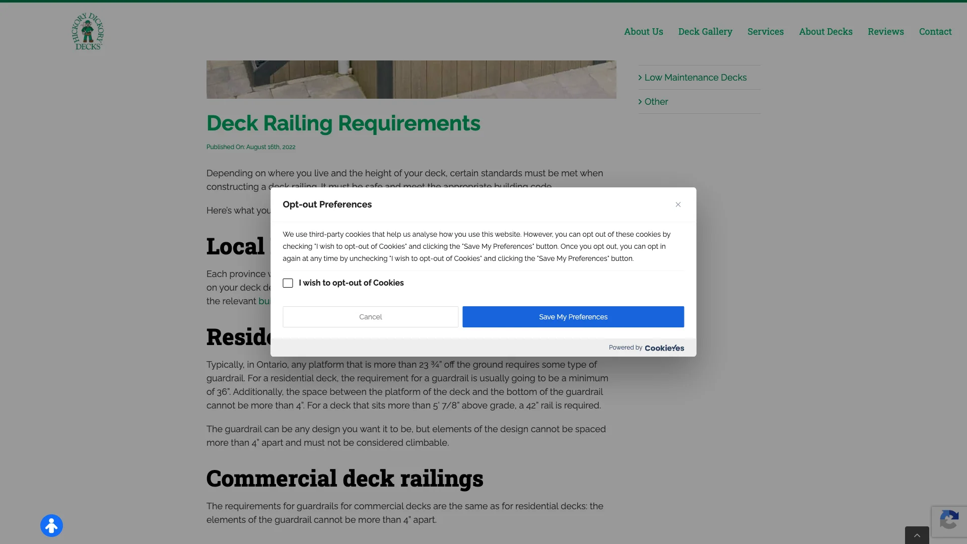 Hickory Dickory Decks deck railing requirements blog post showing the article content, the review widget area, and the CTA buttons for finding a local builder and requesting a deck quote