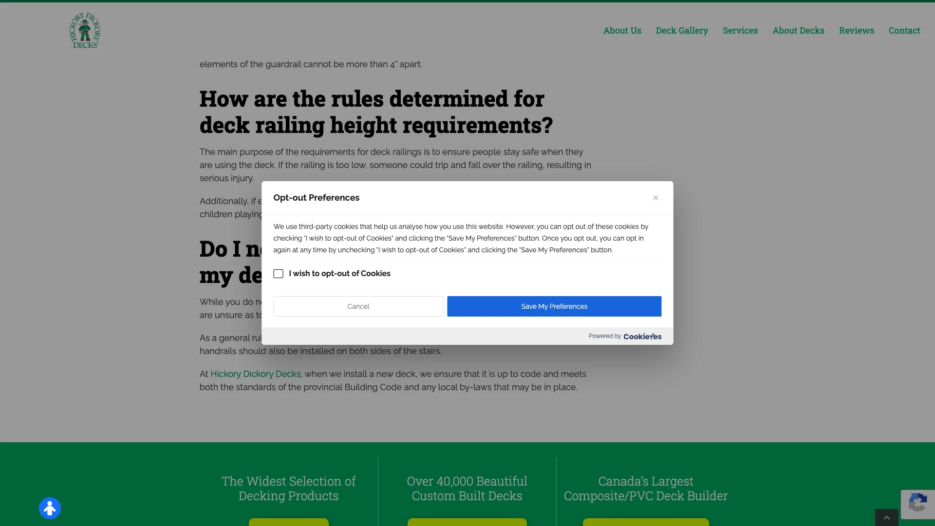 Hickory Dickory Decks blog page showing the Google Reviews widget area and review content rendered on the page alongside the deck railing requirements article