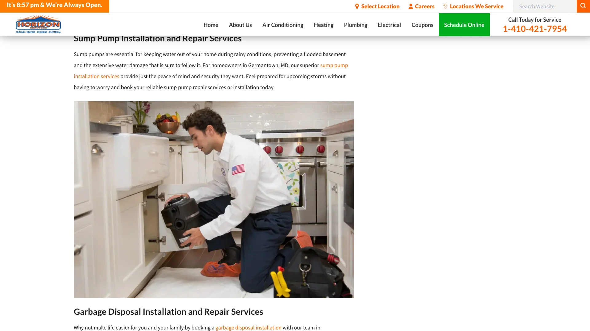 Horizon Services Germantown Maryland location page showing the page footer area with the conversion paths visible, including the Book Now button, the city name links to other locations, and the absence of any embedded contact form or callback request form on the page