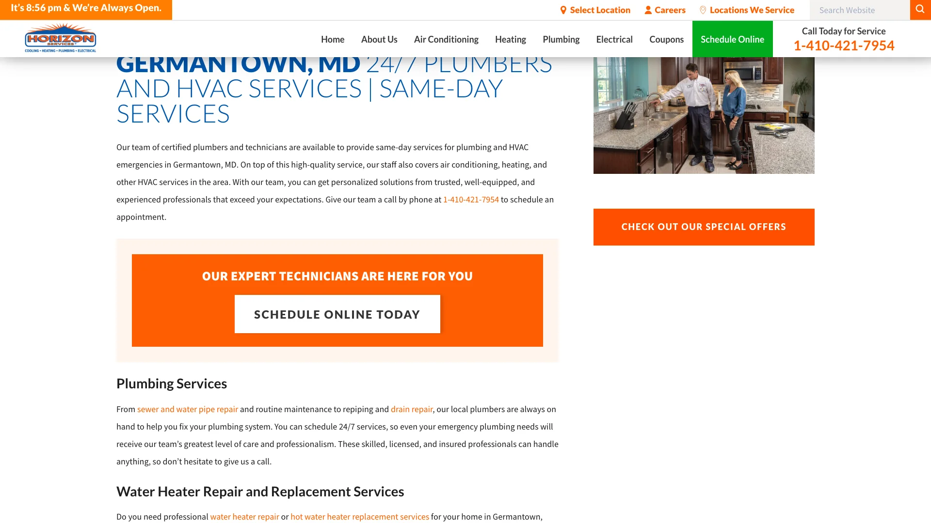 Horizon Services Germantown Maryland location page showing the page content area with a search input field labeled Search Website as the only form element visible on the page, no contact form, no quote request, no service appointment form