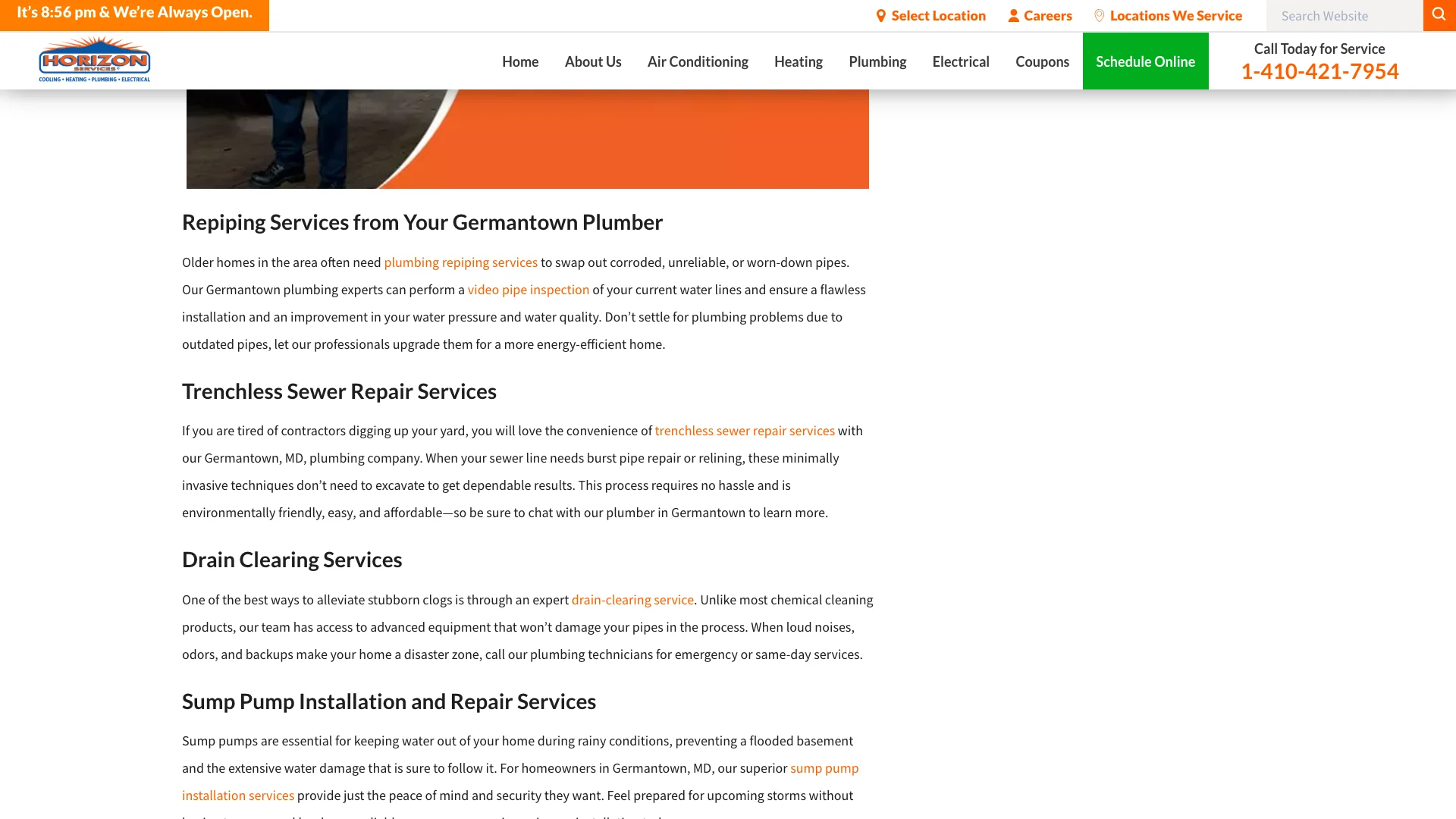 Horizon Services Germantown Maryland location page area where customer reviews and review widgets should appear, showing trust badge indicators visible in the page footer but no Google Reviews widget, no star rating, no review count display