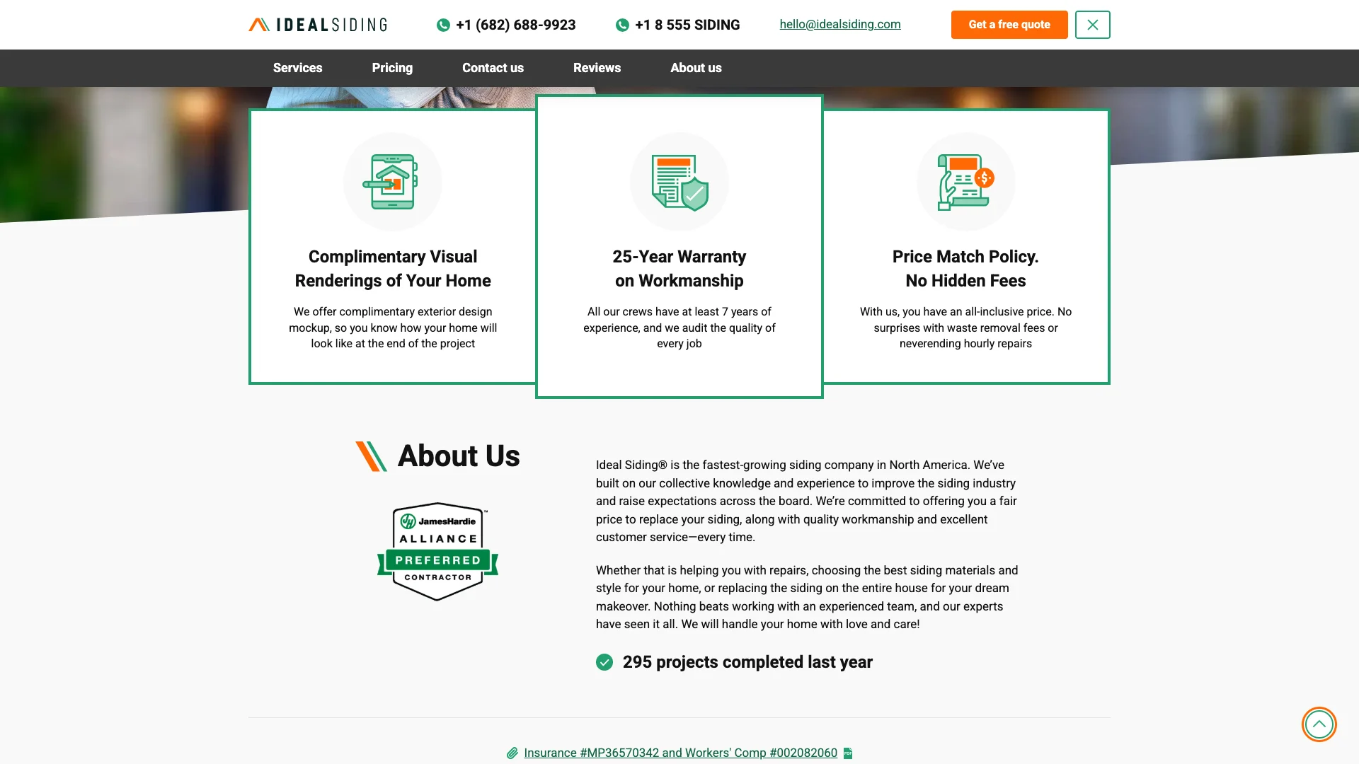Ideal Siding location page showing the Google Reviews widget with star ratings and customer review content rendered alongside the siding service information