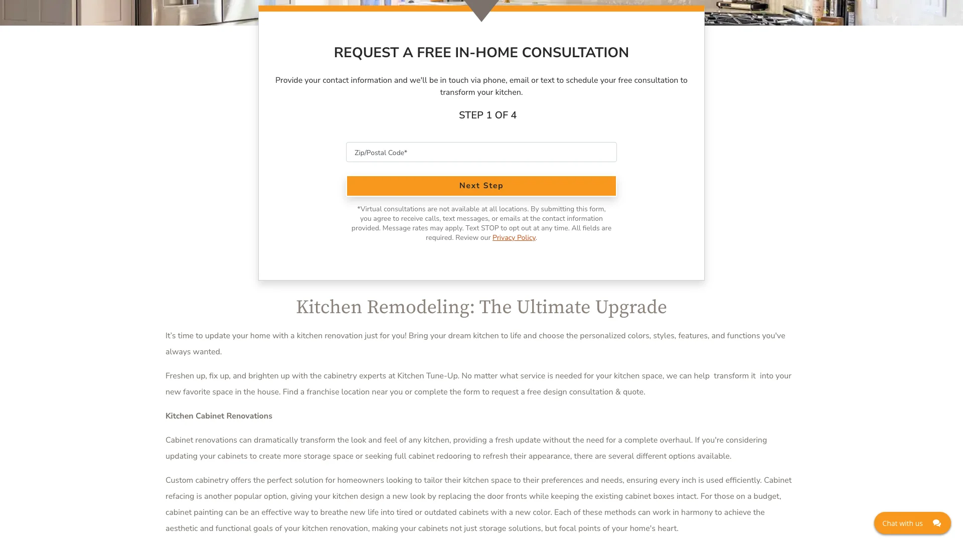 Kitchen Tune-Up Fort Worth NW location page showing the service content area with no Google Reviews widget, no star rating, no trust badges visible on the page