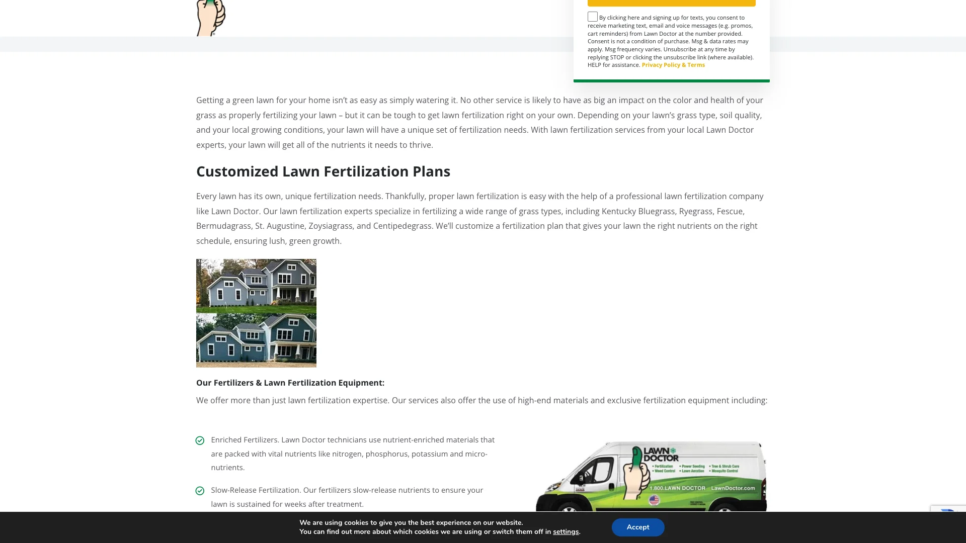 Lawn Doctor lawn fertilization page showing the service description and form placement with the clean layout structure visible on the fertilization content
