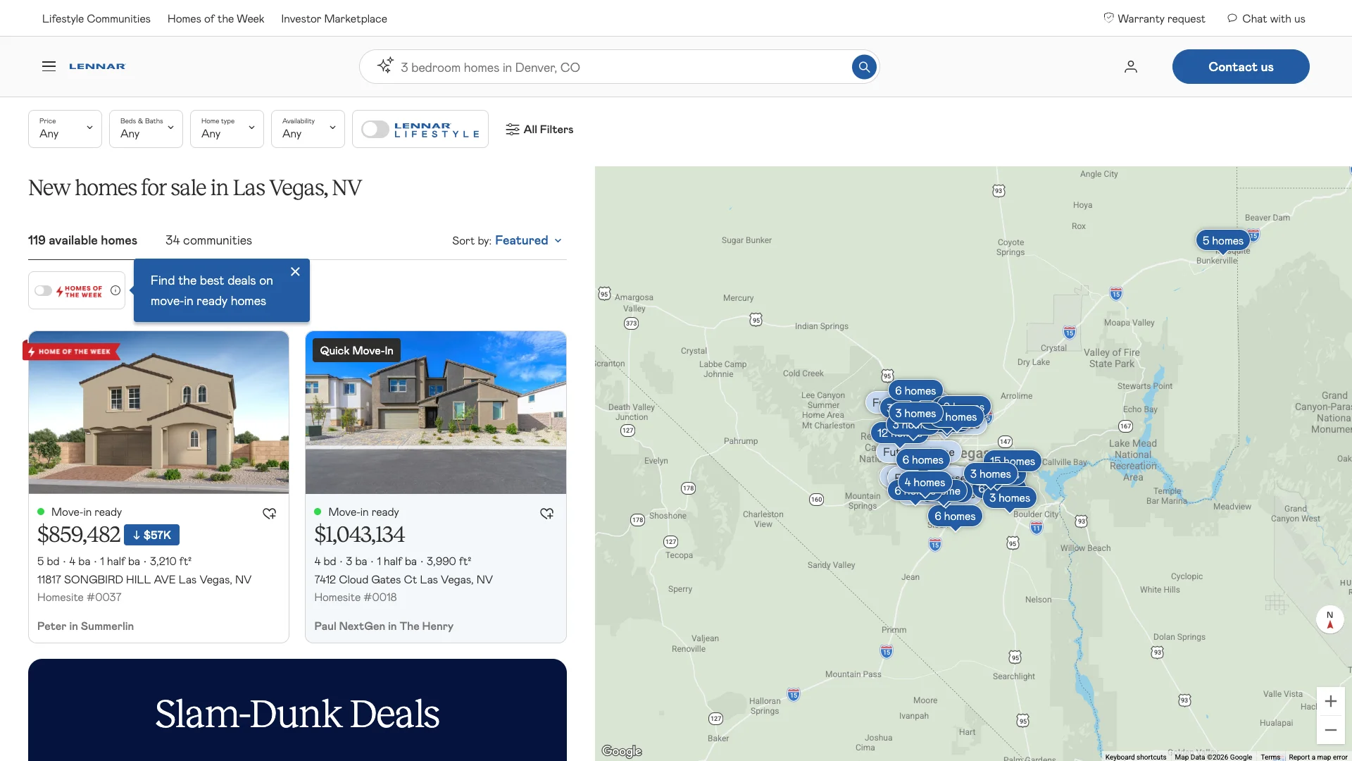Lennar Las Vegas page showing new home community listings with pricing, square footage, bedroom and bathroom counts, and a clean grid layout for browsing available homes in the Las Vegas market