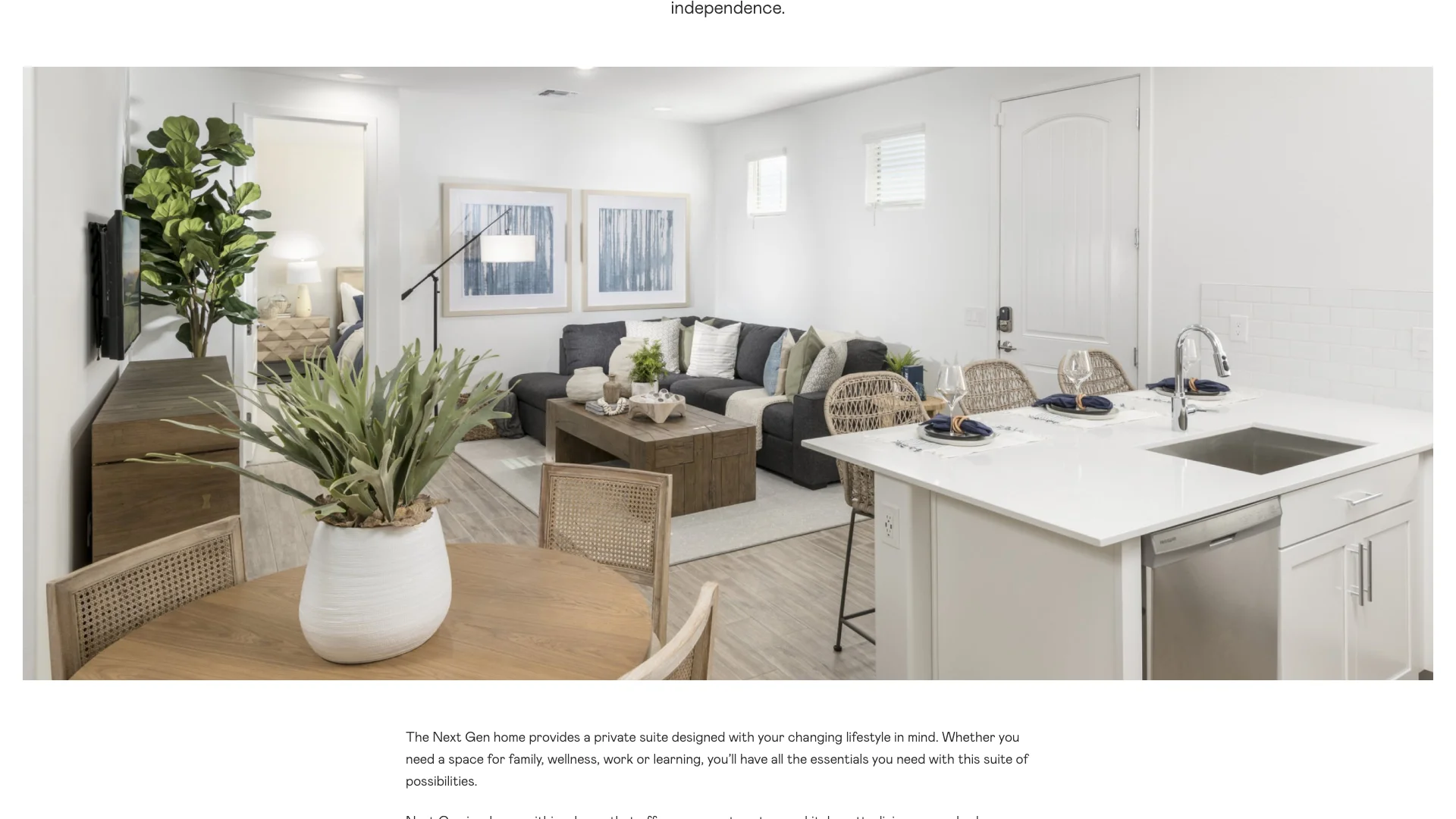 Lennar NextGen multigenerational home page showing the NextGen concept with a search field for finding homes by location, 412 words of content about the home-within-a-home concept, and no traditional contact or lead capture form