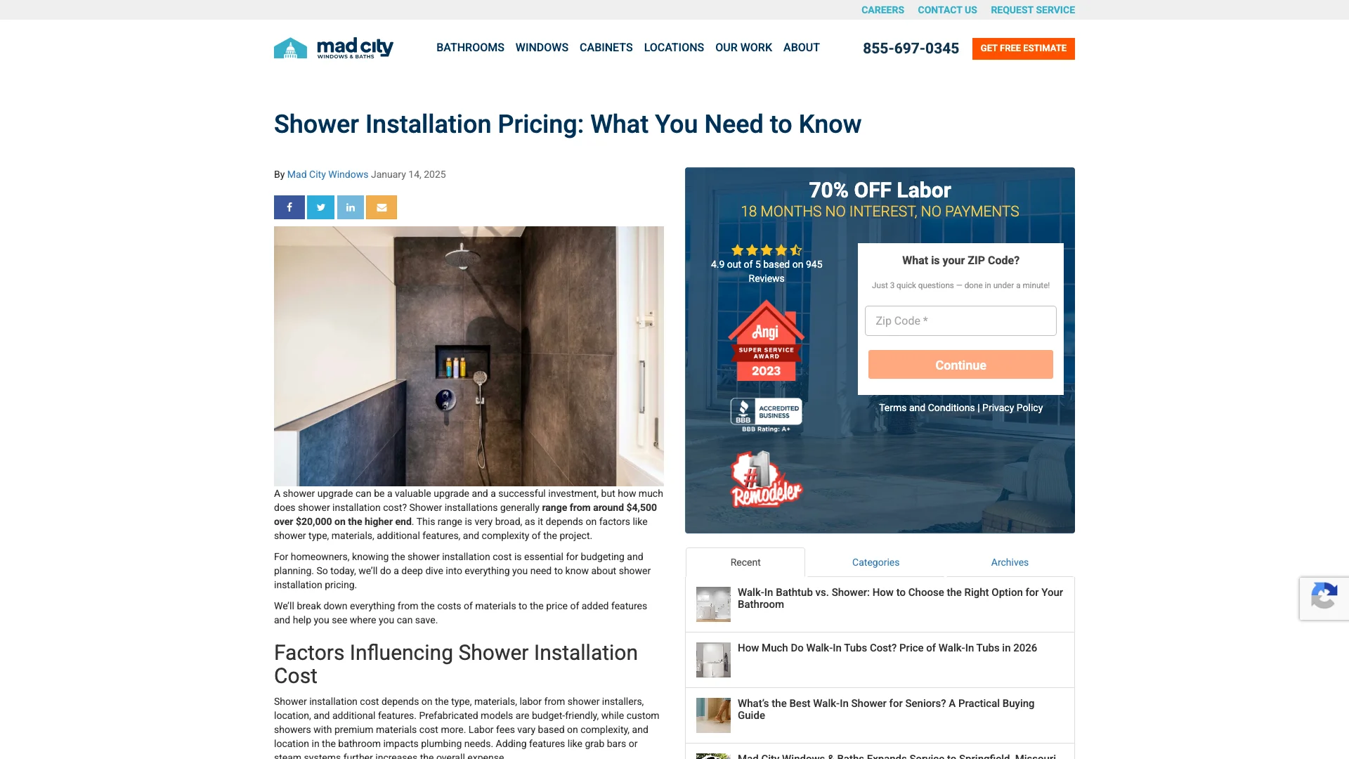 Mad City Windows and Baths shower installation cost blog form area showing the multi-field contact form with radio button selections and the 7-field and 9-field form variants