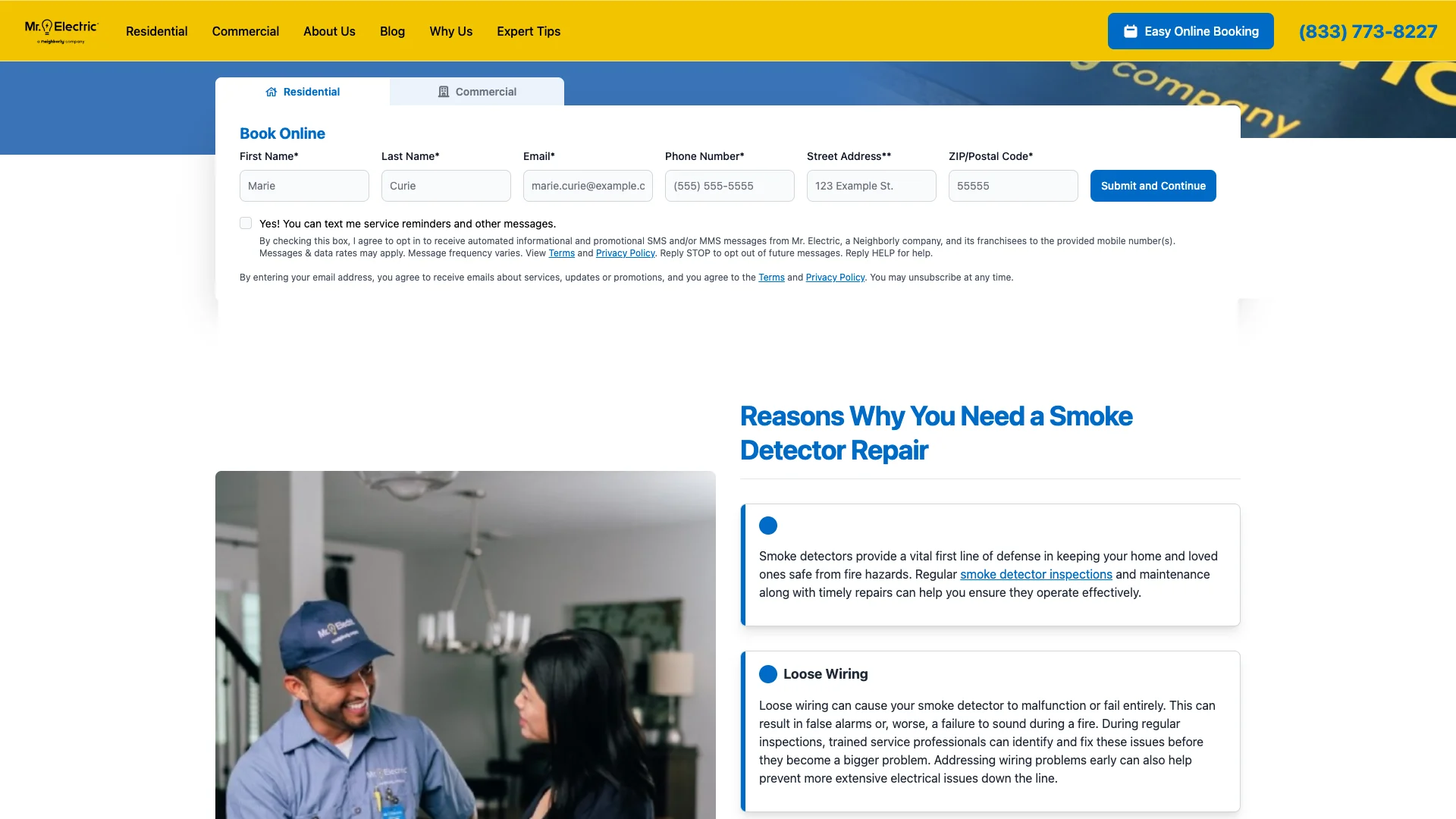Mr. Electric hardwired smoke detector repair service page showing the service description content area with the long-form page content, internal links, and the conversion paths including the contact form and CTAs