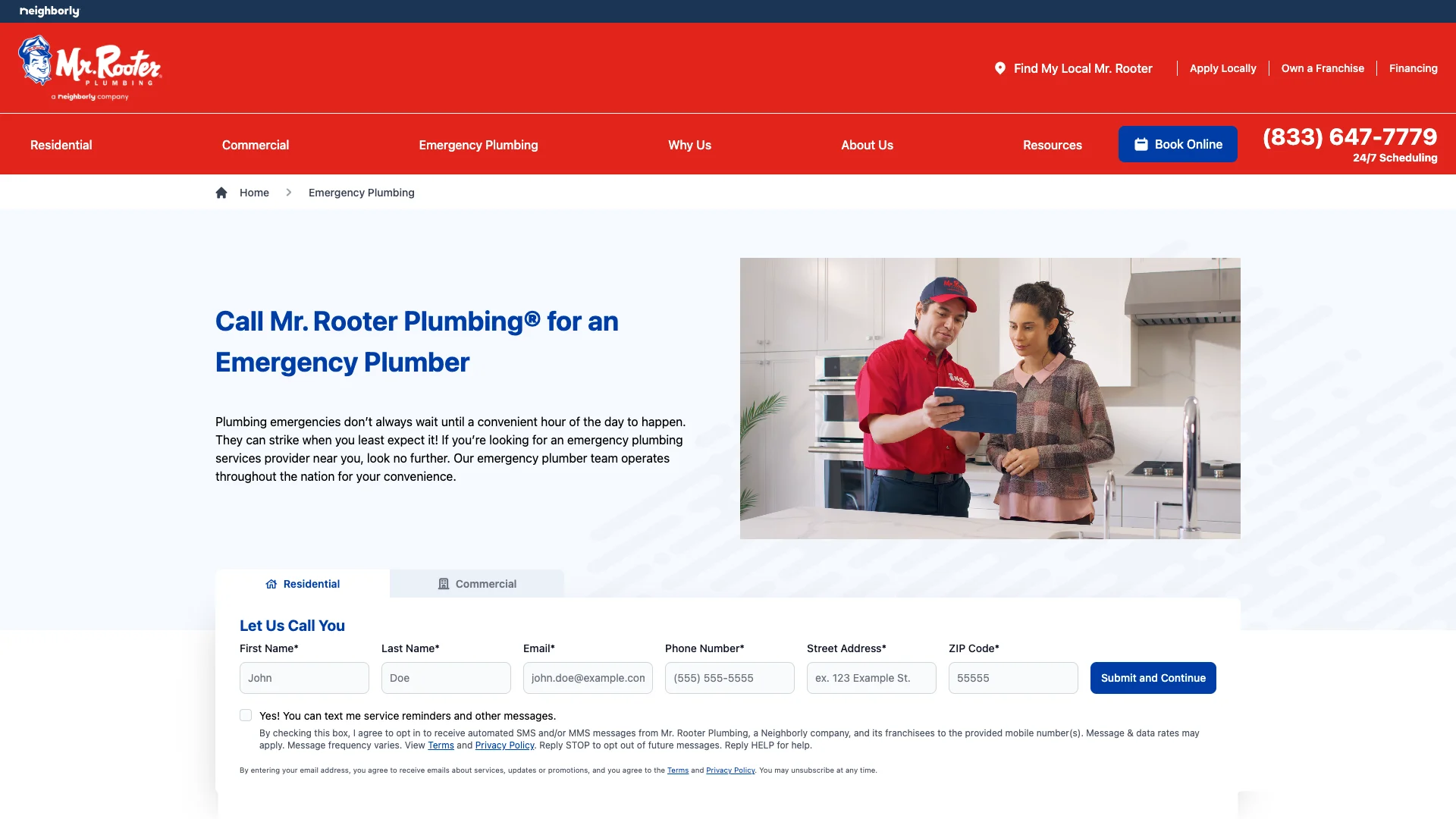 Mr. Rooter Plumbing emergency service page showing the main contact form area with multiple input fields including name, email, phone, and address, alongside the Find My Local Mr. Rooter and Book Online CTAs