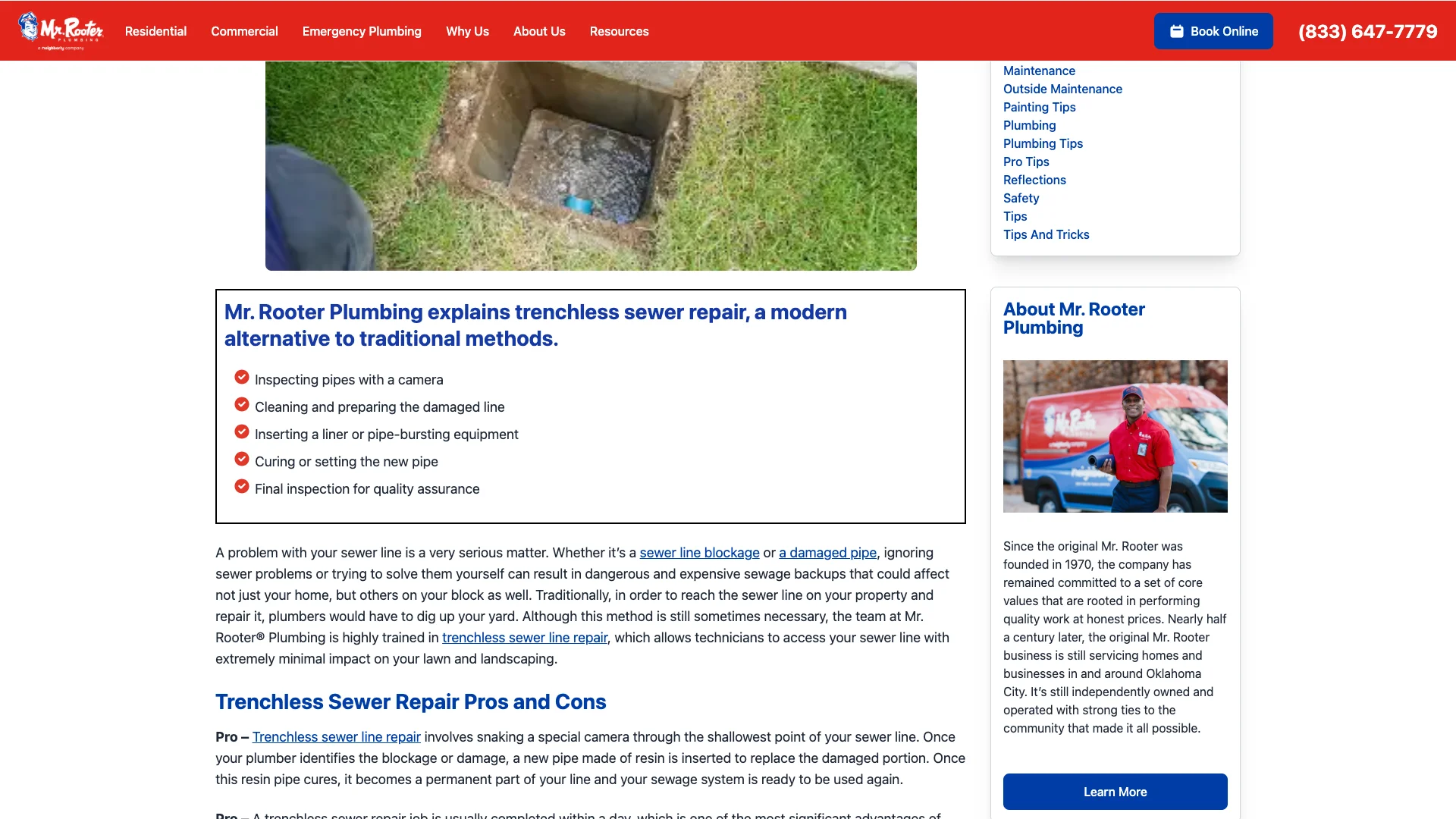 Mr. Rooter Plumbing trenchless sewer repair blog post showing the article content with detailed trenchless sewer repair information, comparison points, and internal links to related plumbing content